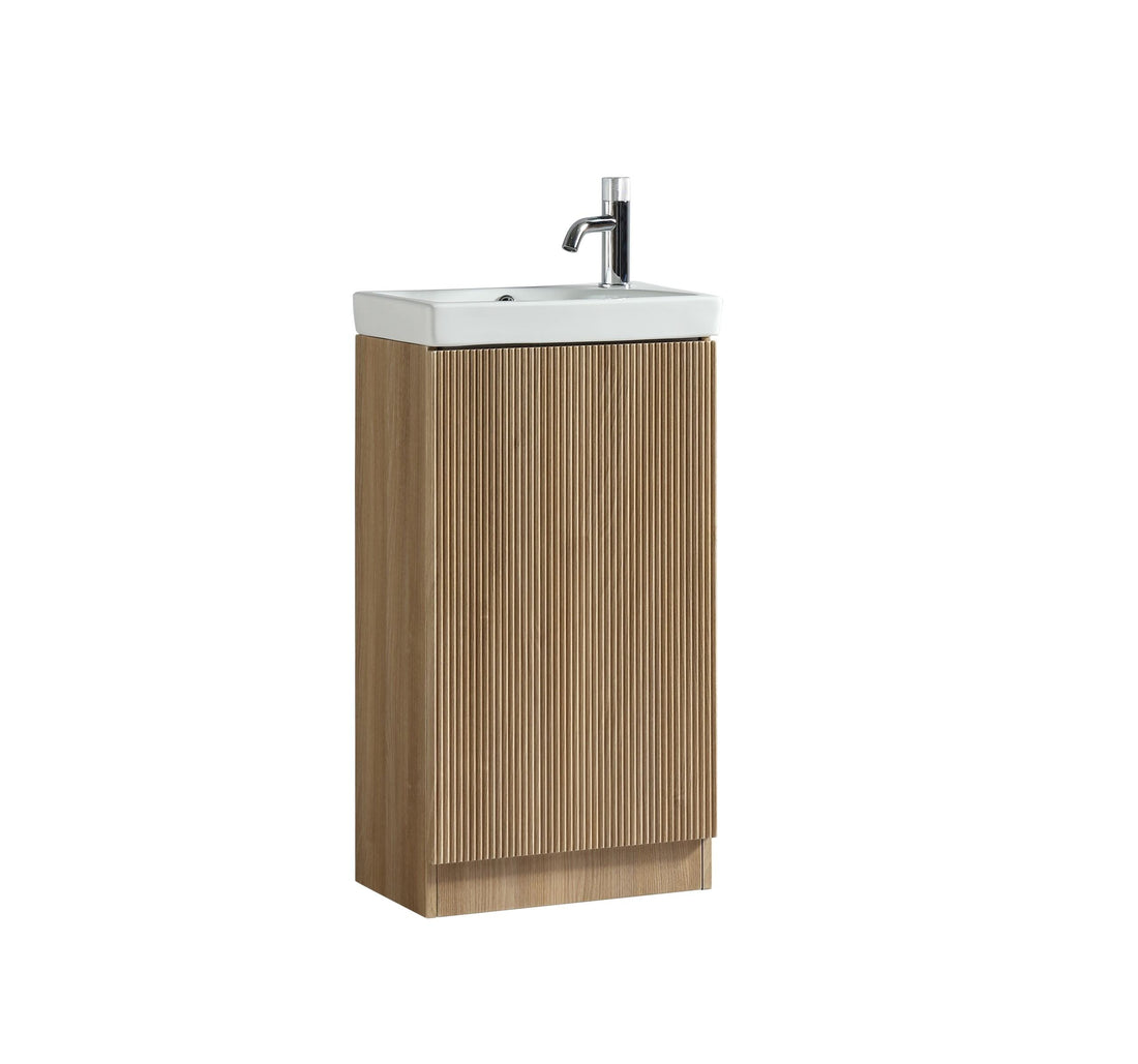 Mini cloakroom vanity and basin in country oak finish, Tuskan Tiles Flauto Mini 450mm compact bathroom furniture