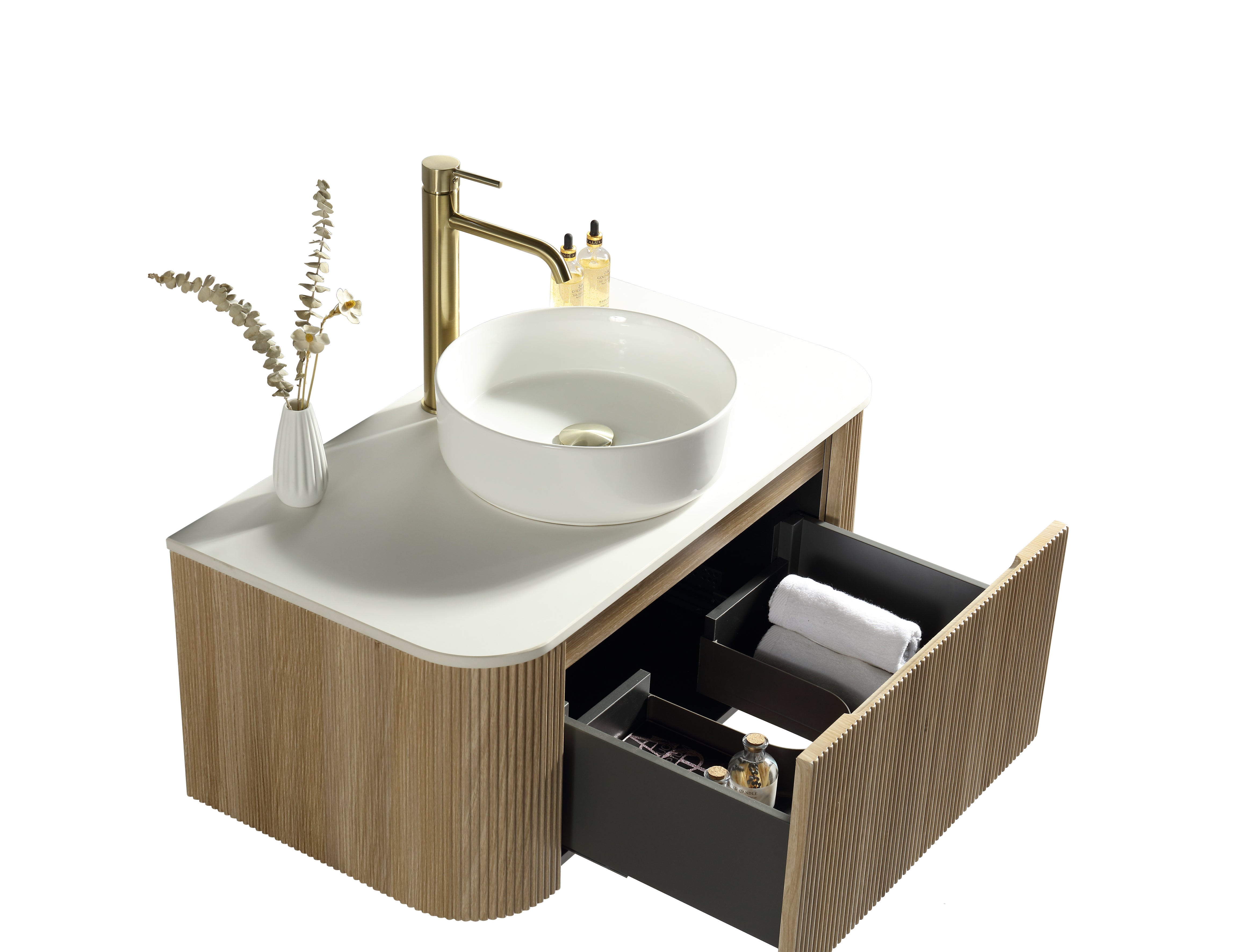 Flauto Country Oak 870mm Wall Hung Curve Corner Vanity w. Sintered Stone Counter Top