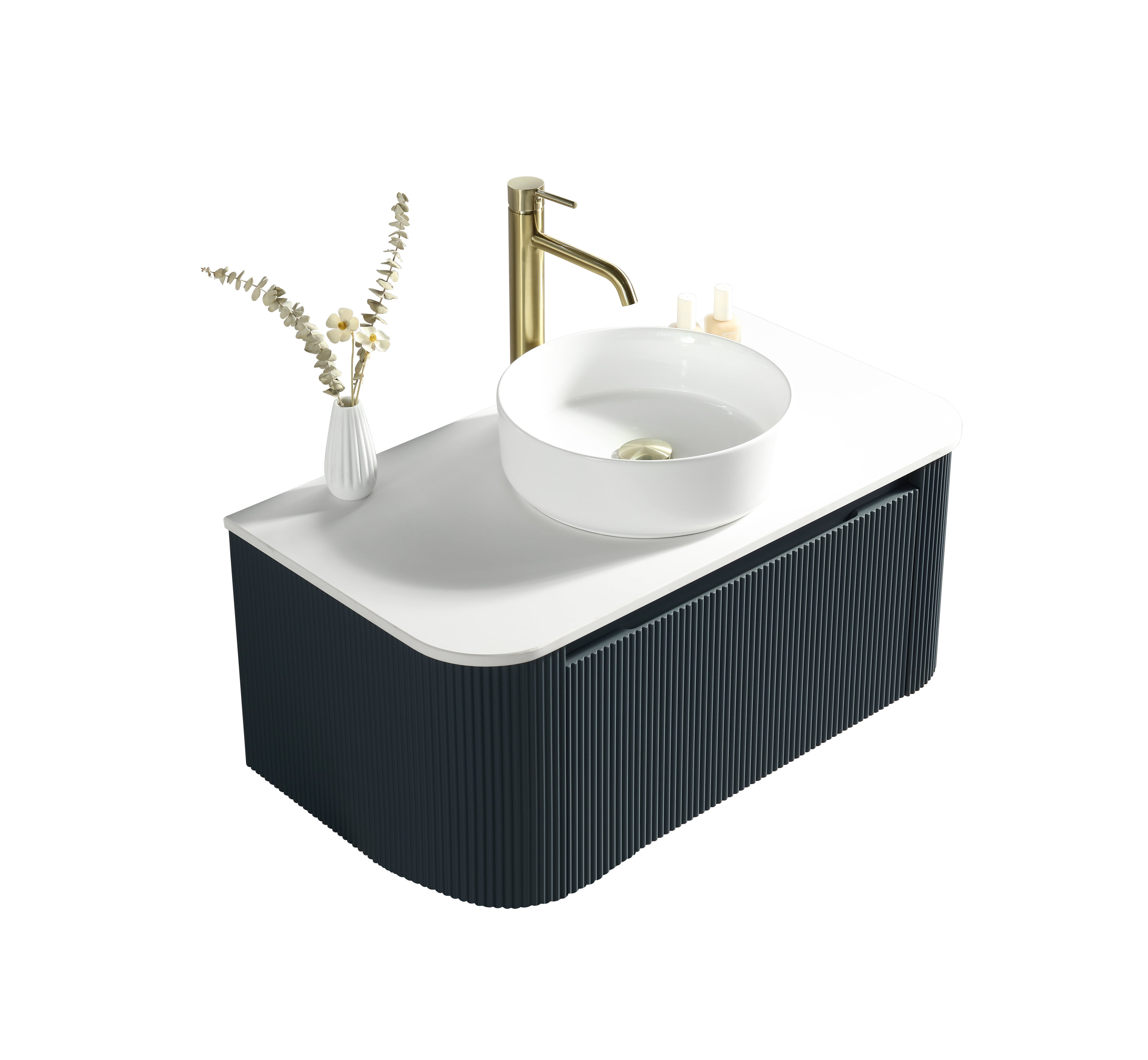 Flauto Midnight Shadow 870mm Wall Hung Curve Corner Vanity with Sintered Stone Counter Top