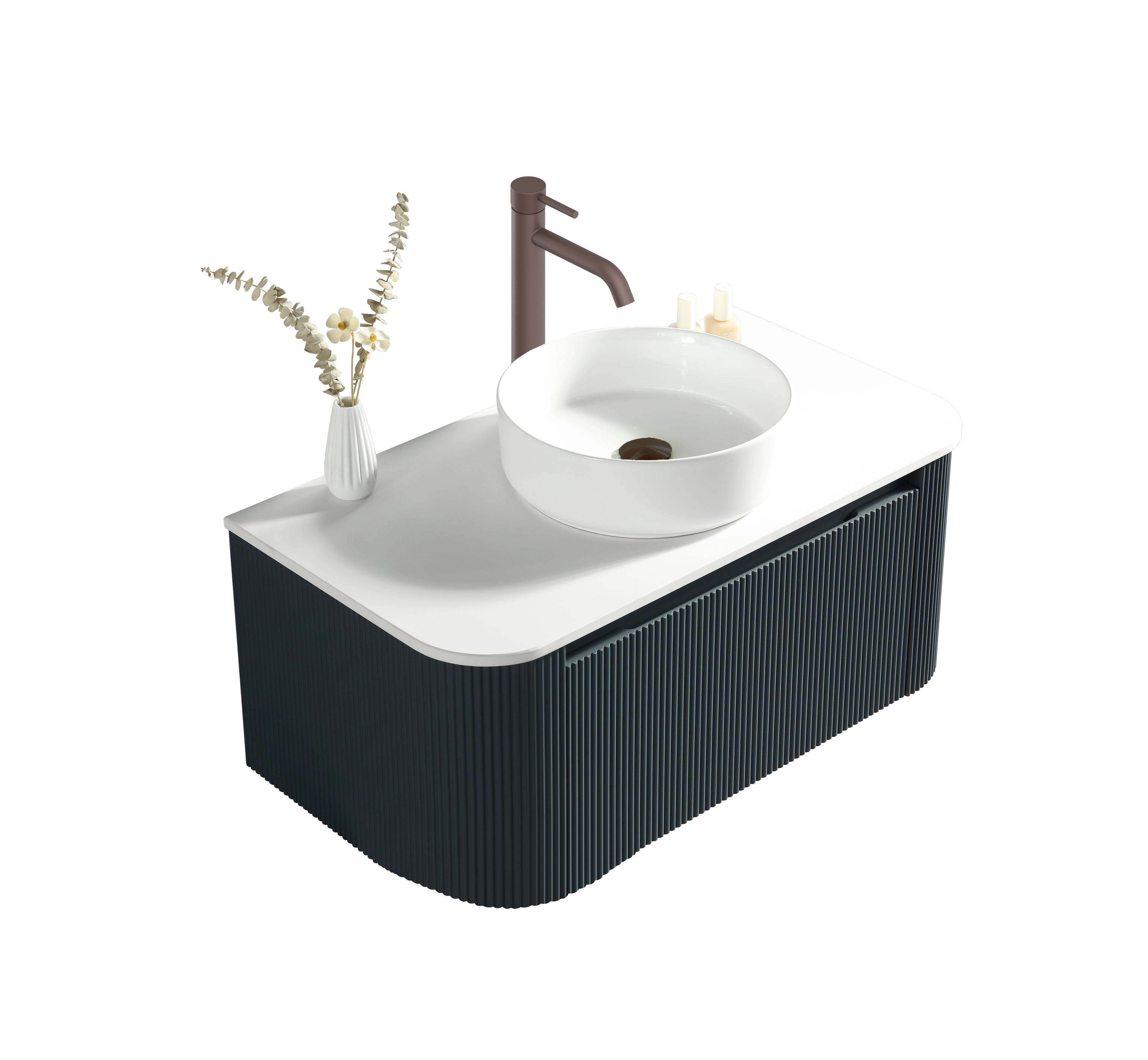 Flauto Midnight Shadow 870mm Wall Hung Curve Corner Vanity with Sintered Stone Counter Top