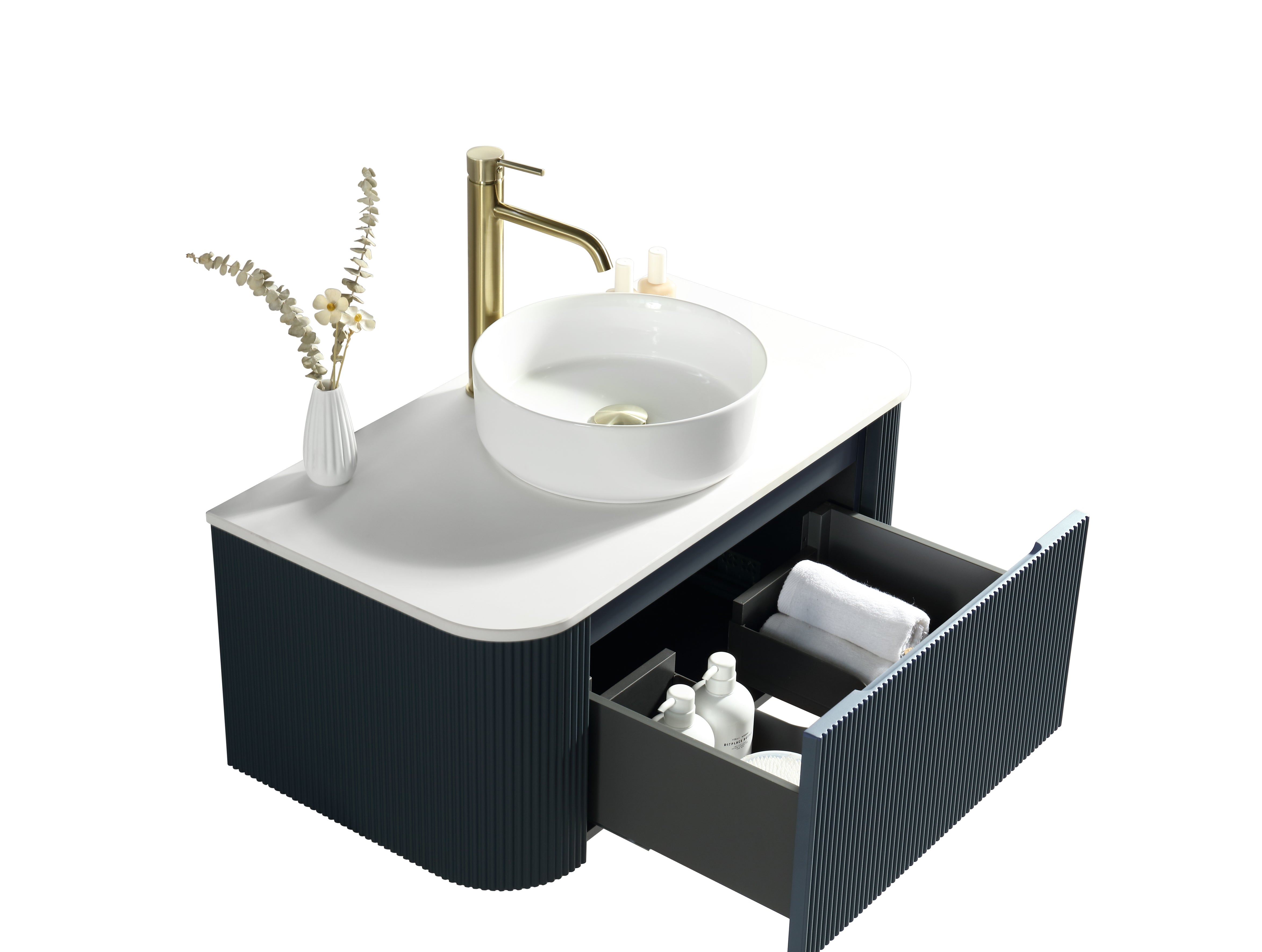 Flauto Midnight Shadow 870mm Wall Hung Curve Corner Vanity with Sintered Stone Counter Top