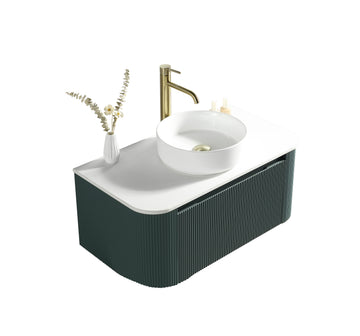 Flauto Smoked Sage 870mm Wall Hung Curve Corner Vanity with Sintered Stone Counter Top