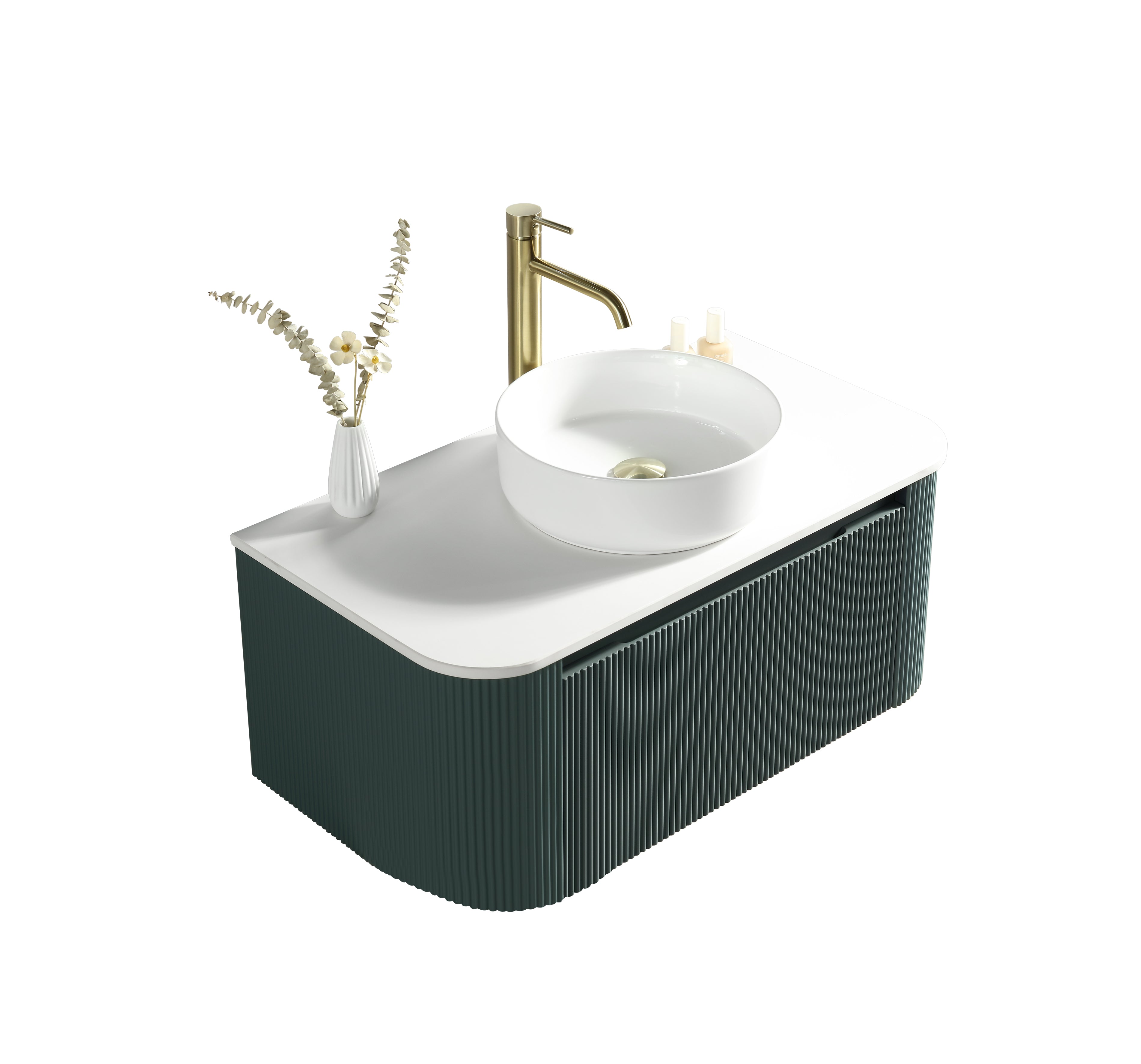 Flauto Smoked Sage 870mm Wall Hung Curve Corner Vanity with Sintered Stone Counter Top