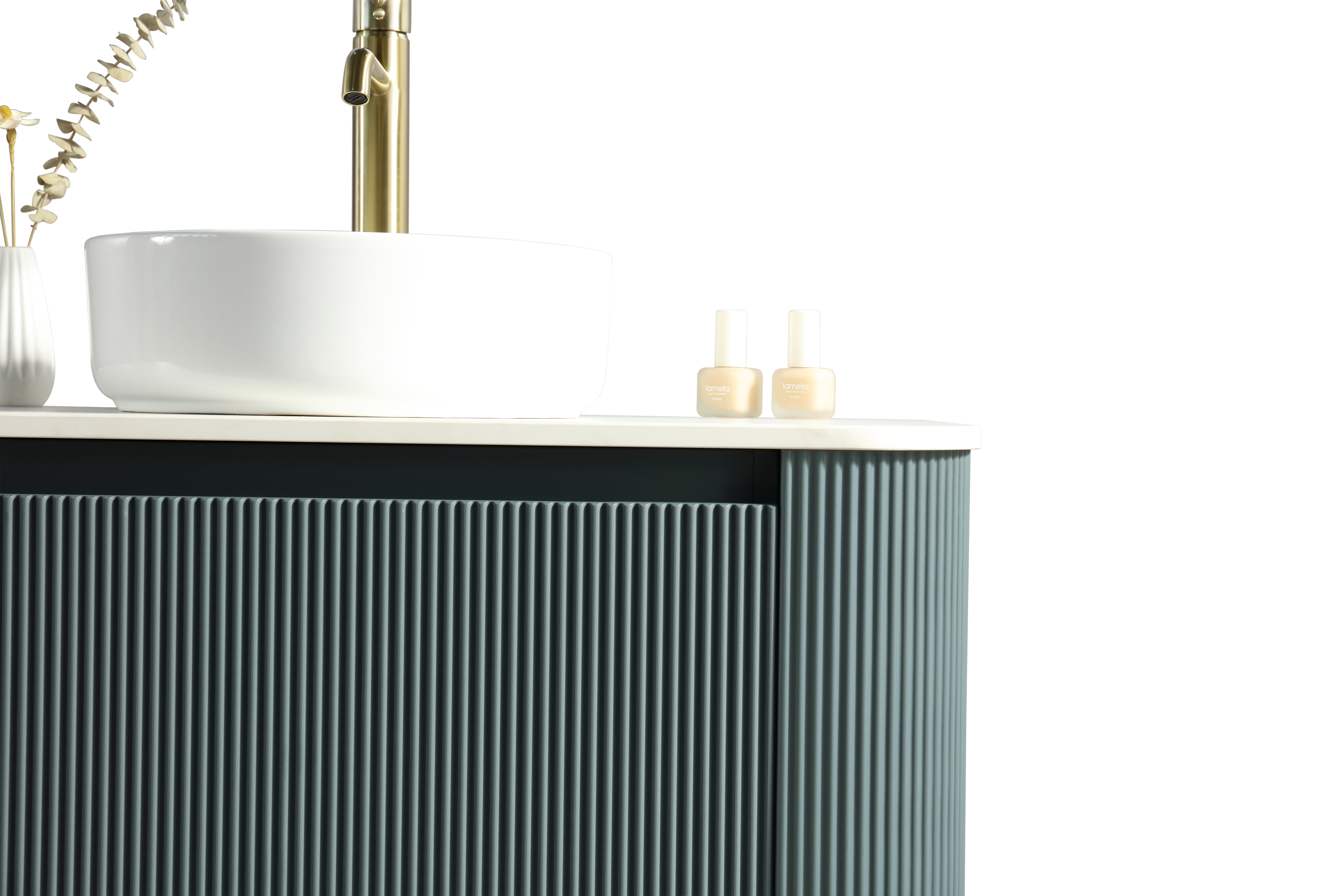 Flauto Smoked Sage 870mm Wall Hung Curve Corner Vanity with Sintered Stone Counter Top