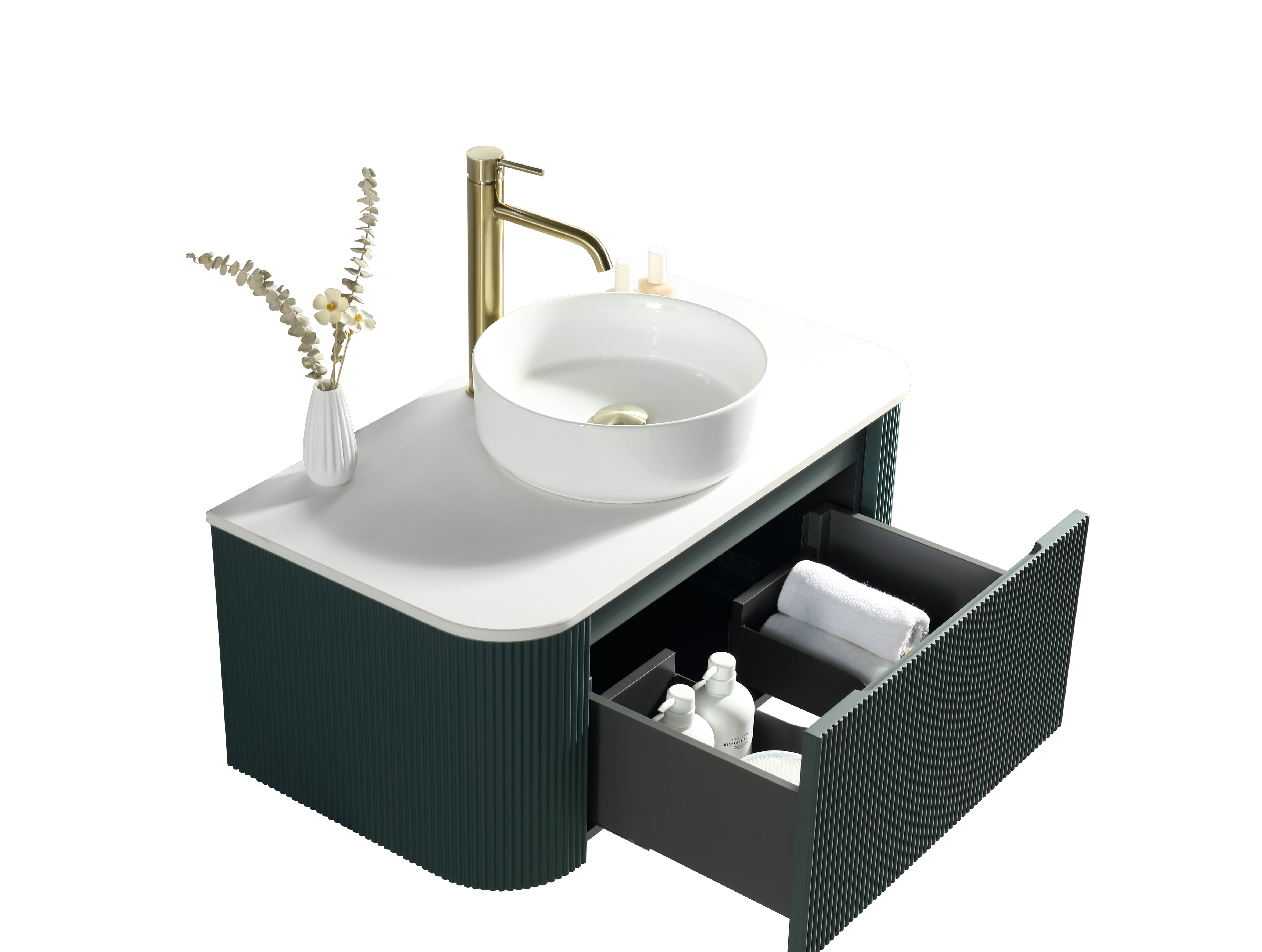 Flauto Smoked Sage 870mm Wall Hung Curve Corner Vanity with Sintered Stone Counter Top