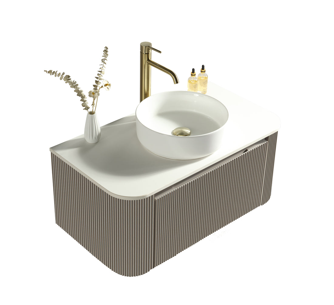 Tuskan Tiles Flauto Soft Coffee 870mm wall-hung corner vanity with sintered stone countertop and curved design.