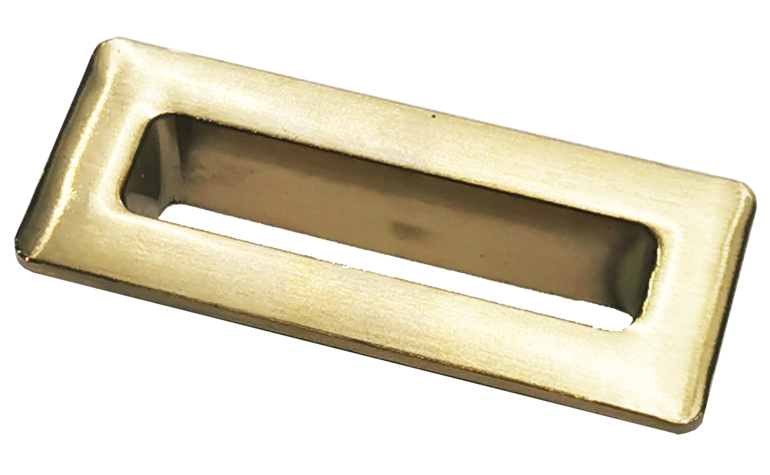 Brushed brass Flauto Overflow Cover by Tuskan Tiles, designed for bathtub overflow protection with a sleek, modern finish.