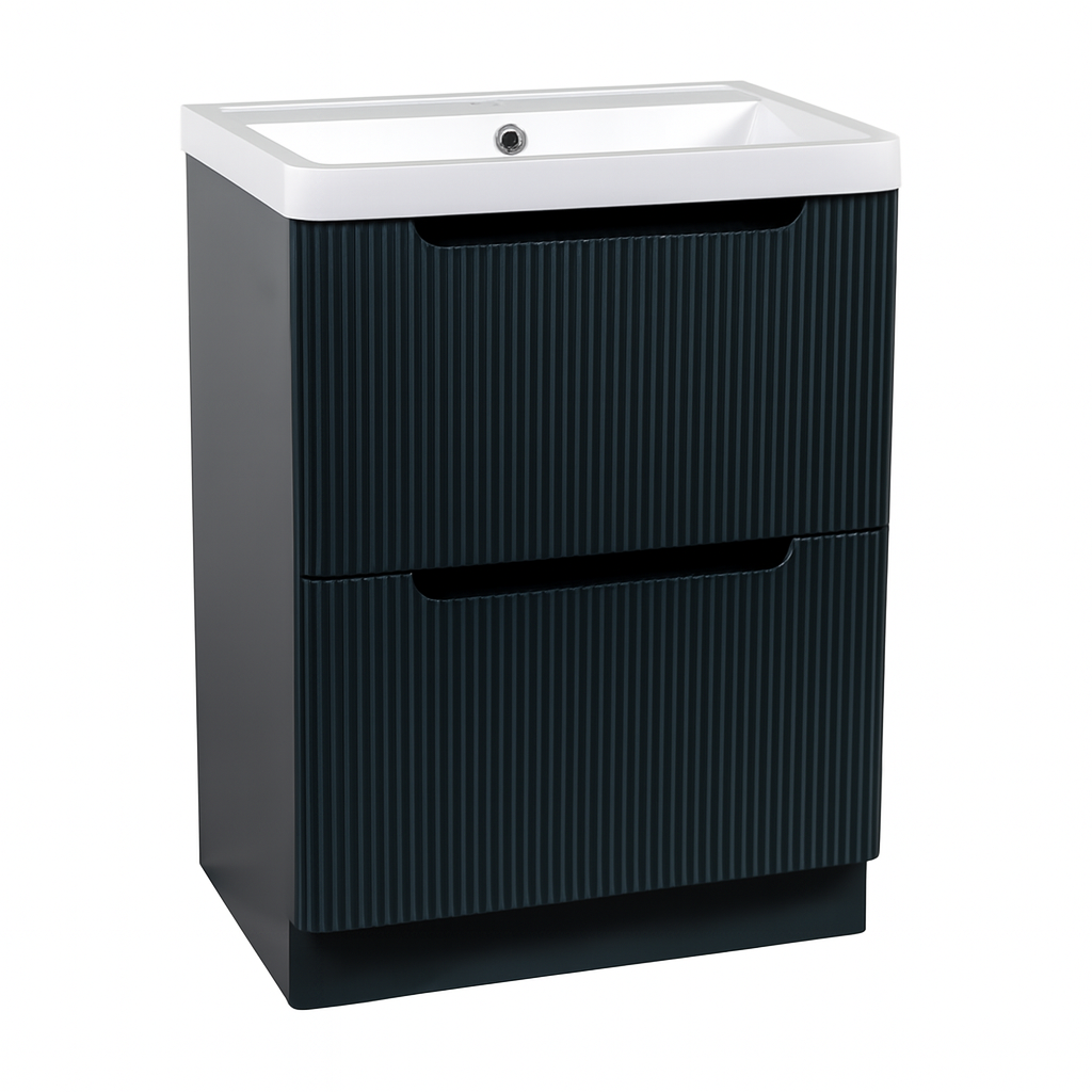 Tuskan Tiles Monza 600mm fluted shadow grey vanity unit with basin, floor-standing bathroom furniture with modern design.