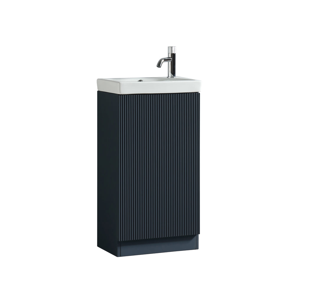 Tuskan Tiles Flauto Mini 450mm midnight shadow cloakroom vanity with basin, sleek modern bathroom fixture, close-up view of the unit.