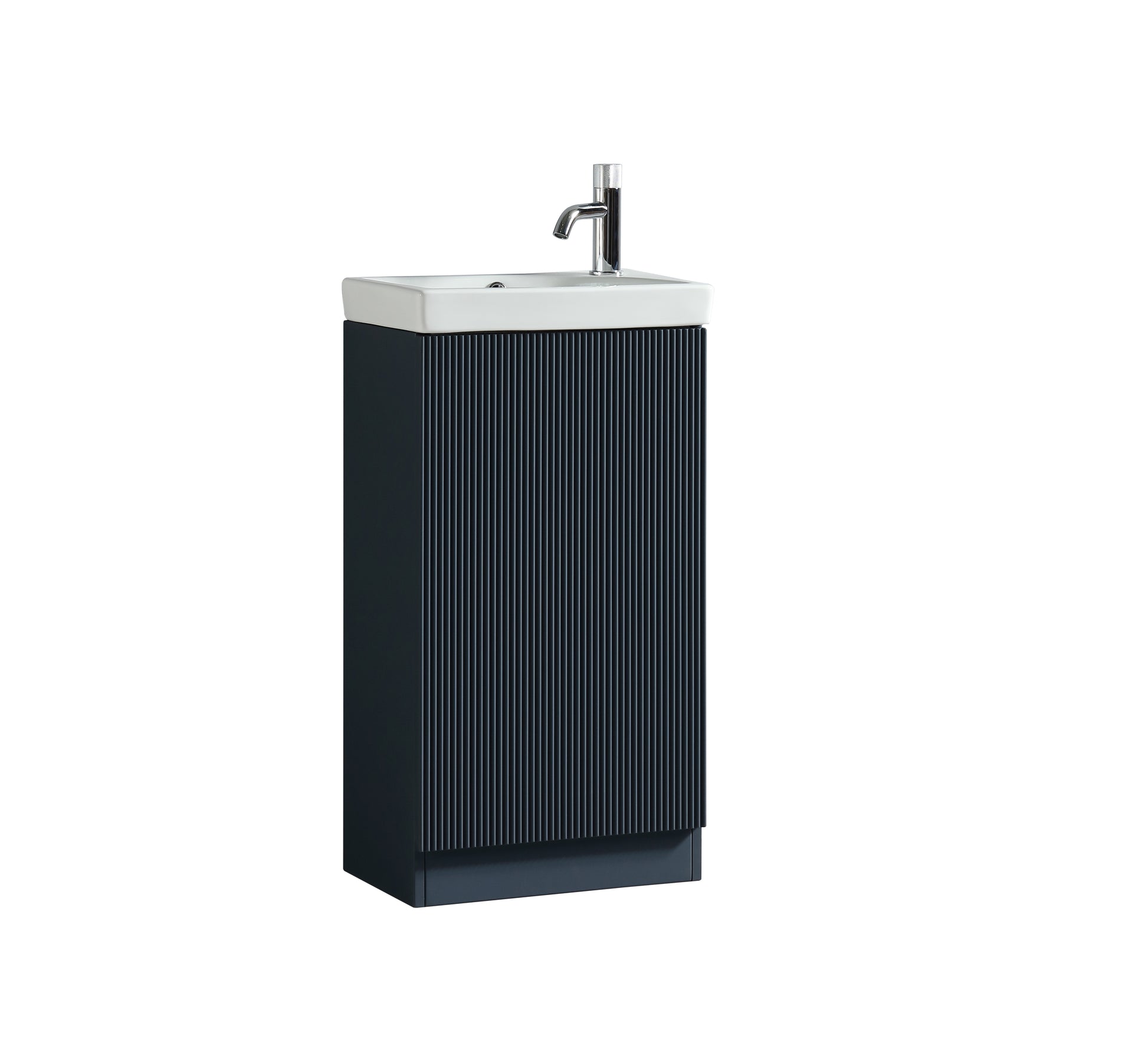 Tuskan Tiles Flauto Mini 450mm midnight shadow cloakroom vanity with basin, sleek modern bathroom fixture, close-up view of the unit.