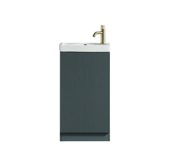 Mini cloakroom vanity with basin in smoked sage finish, 450mm Flauto Mini by Tuskan Tiles, modern compact bathroom furniture.