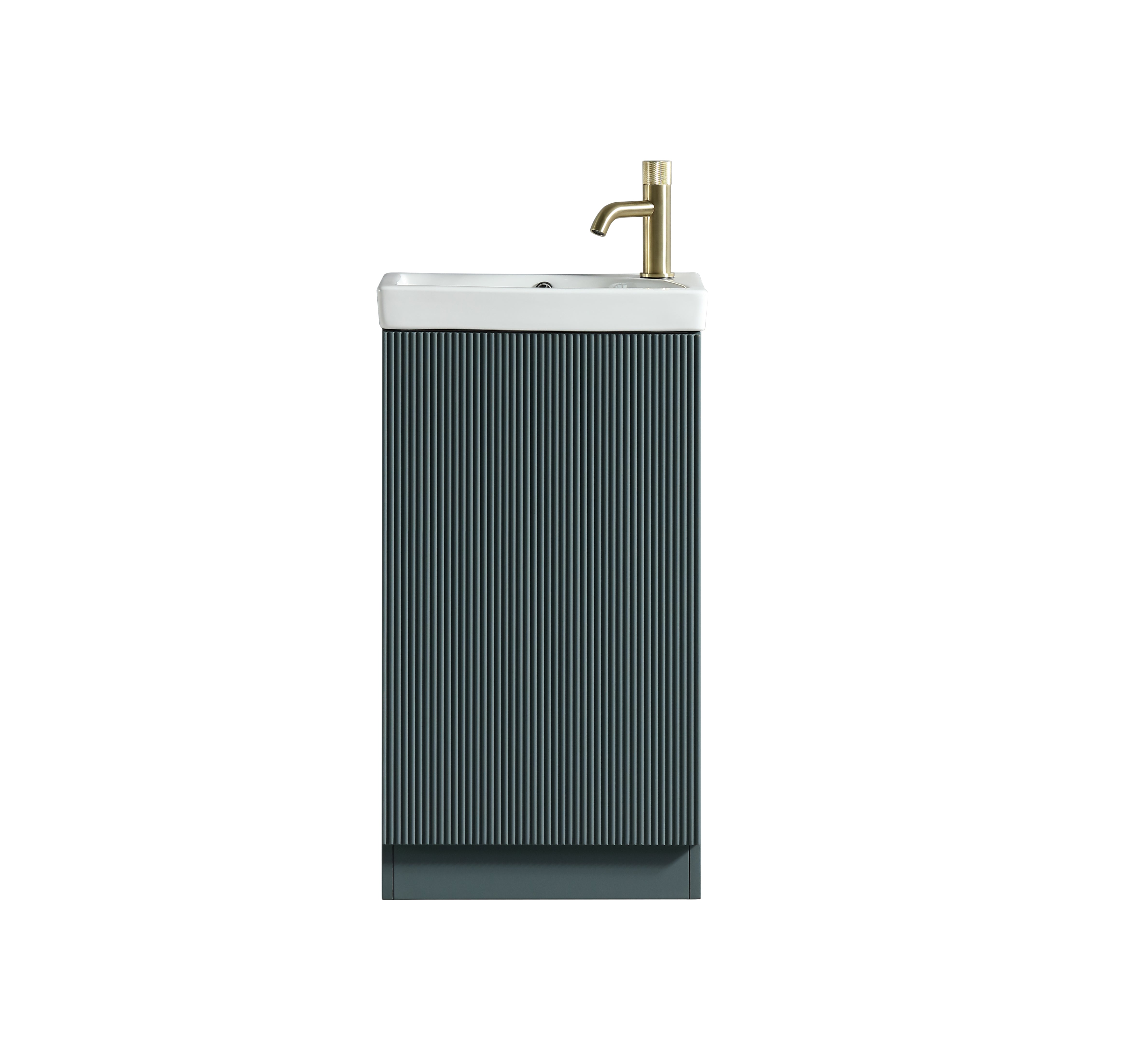Mini cloakroom vanity with basin in smoked sage finish, 450mm Flauto Mini by Tuskan Tiles, modern compact bathroom furniture.