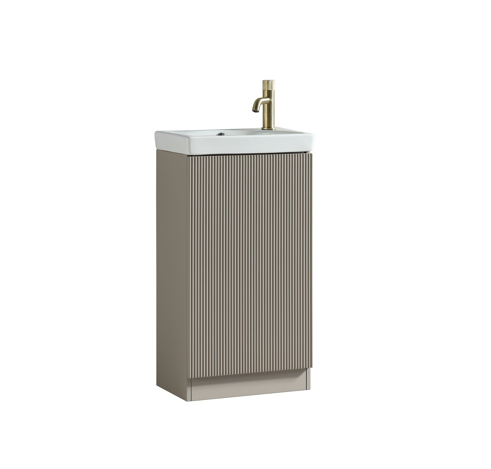 Tuskan Tiles Flauto Mini 450mm cloakroom vanity and basin in soft coffee, featuring a sleek compact design for small bathrooms.