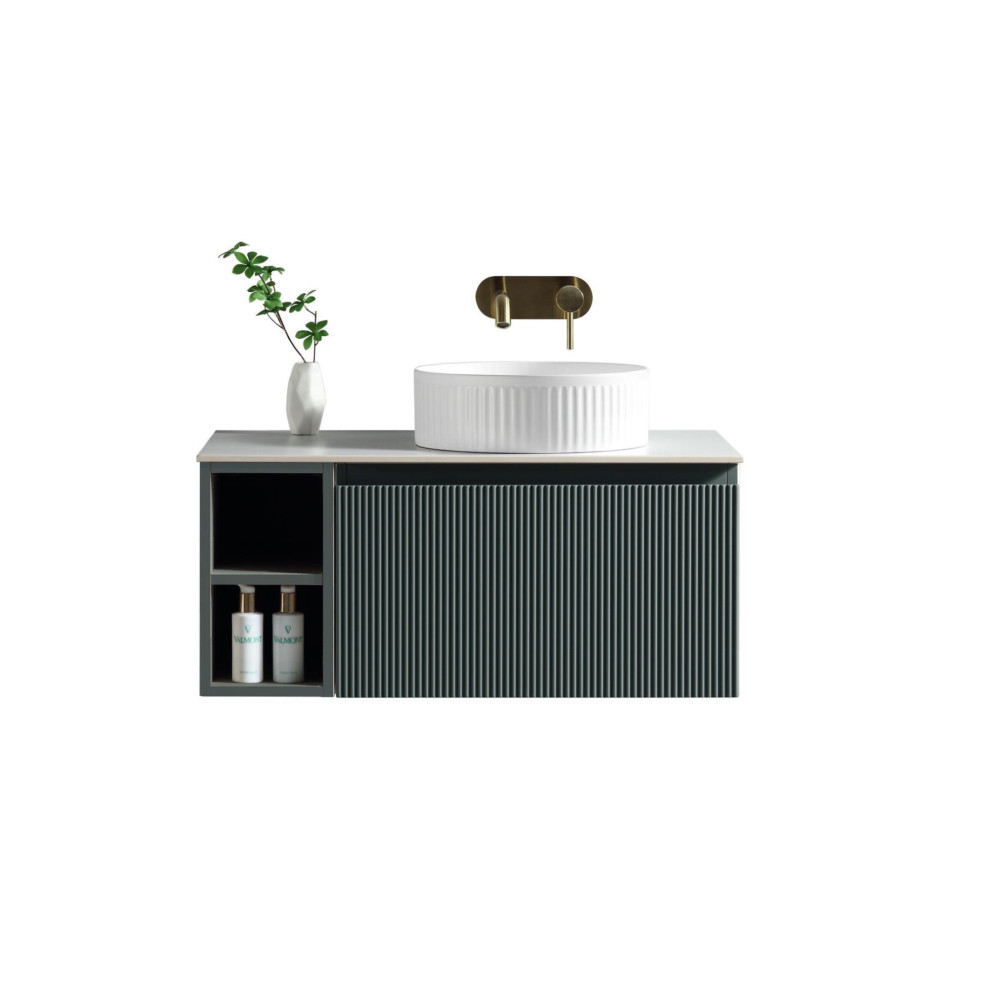Wall hung Tuskan Tiles Flauto vanity with smoked sage finish, 800mm size, side storage, and sintered stone countertop.