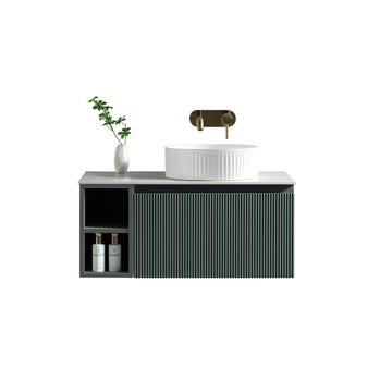 Wall hung Tuskan Tiles Flauto vanity with smoked sage finish, 800mm size, side storage, and sintered stone countertop.