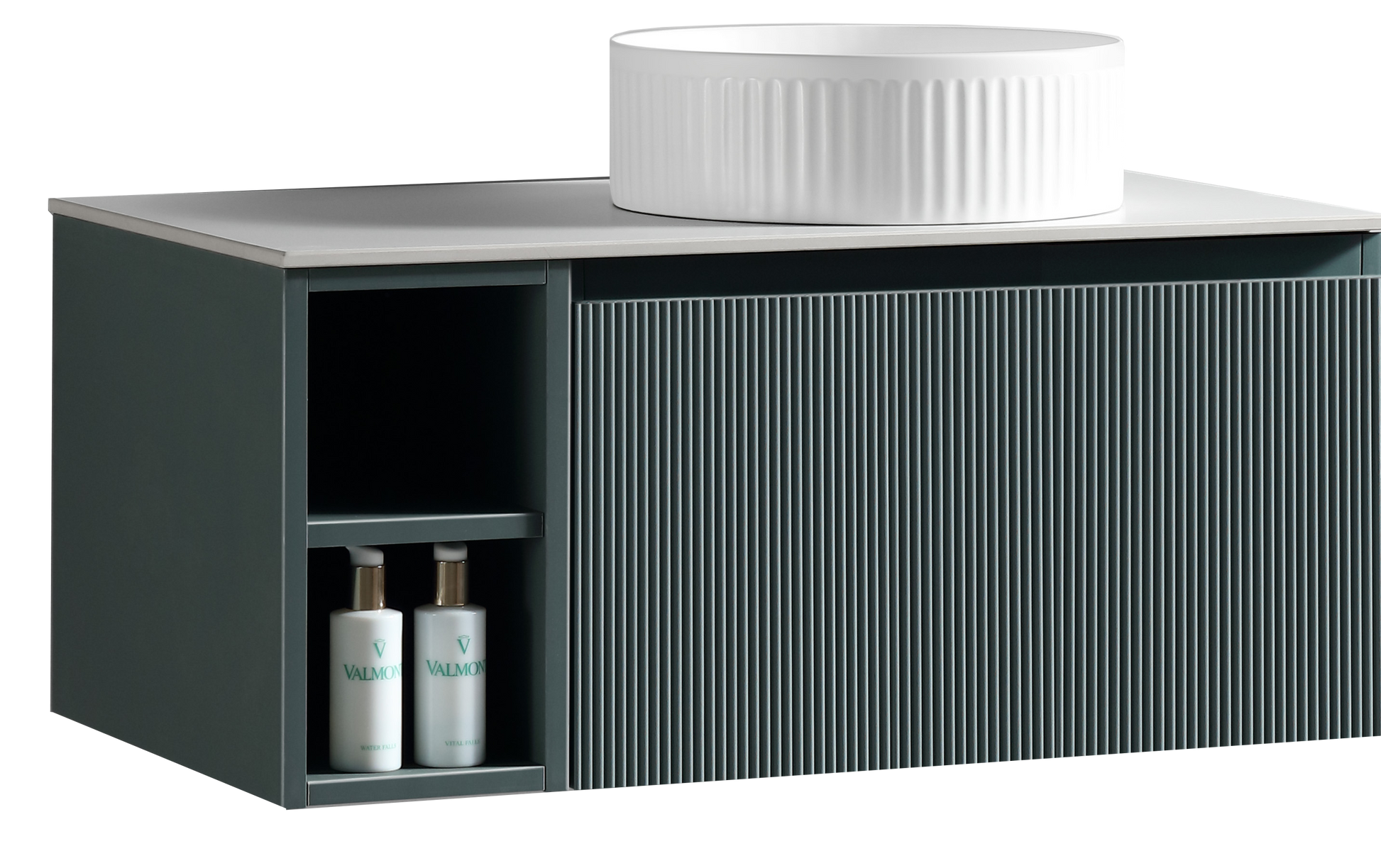 Wall hung vanity by Tuskan Tiles with side storage, smoked sage finish, 800mm size, and sintered stone countertop.