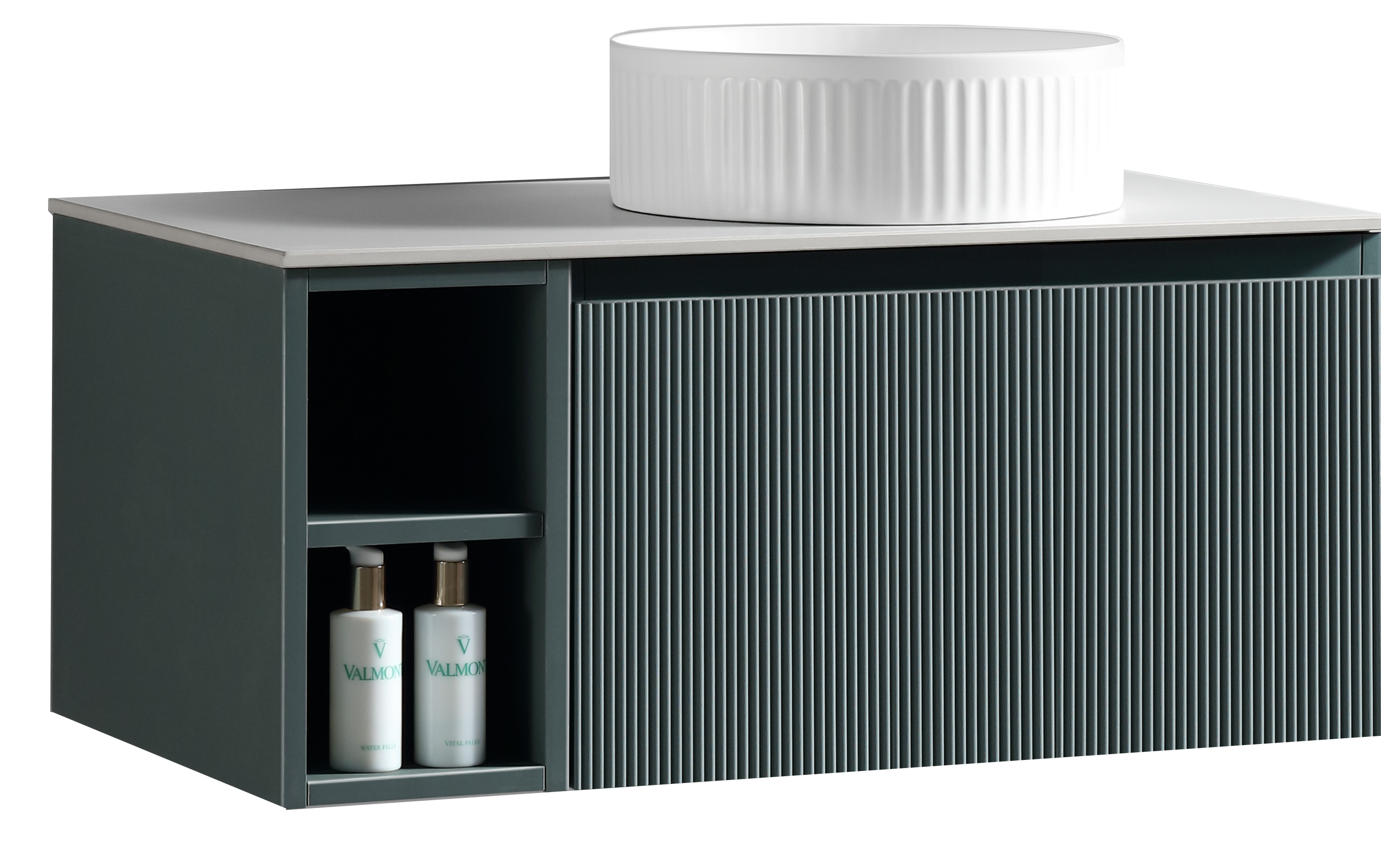 Wall hung vanity by Tuskan Tiles with side storage, smoked sage finish, 800mm size, and sintered stone countertop.