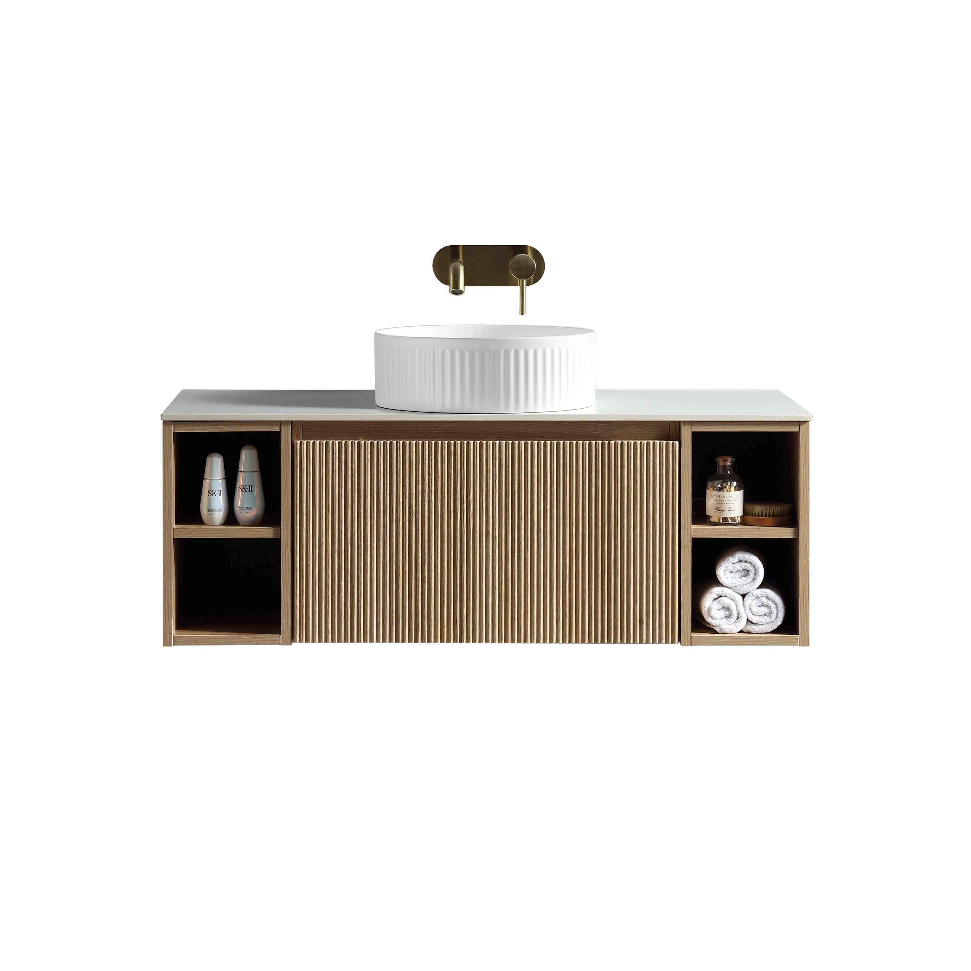 Flauto 1000mm Wall Hung Vanity w. 2 Side Storage & Sintered Stone Counter Top - Country Oak