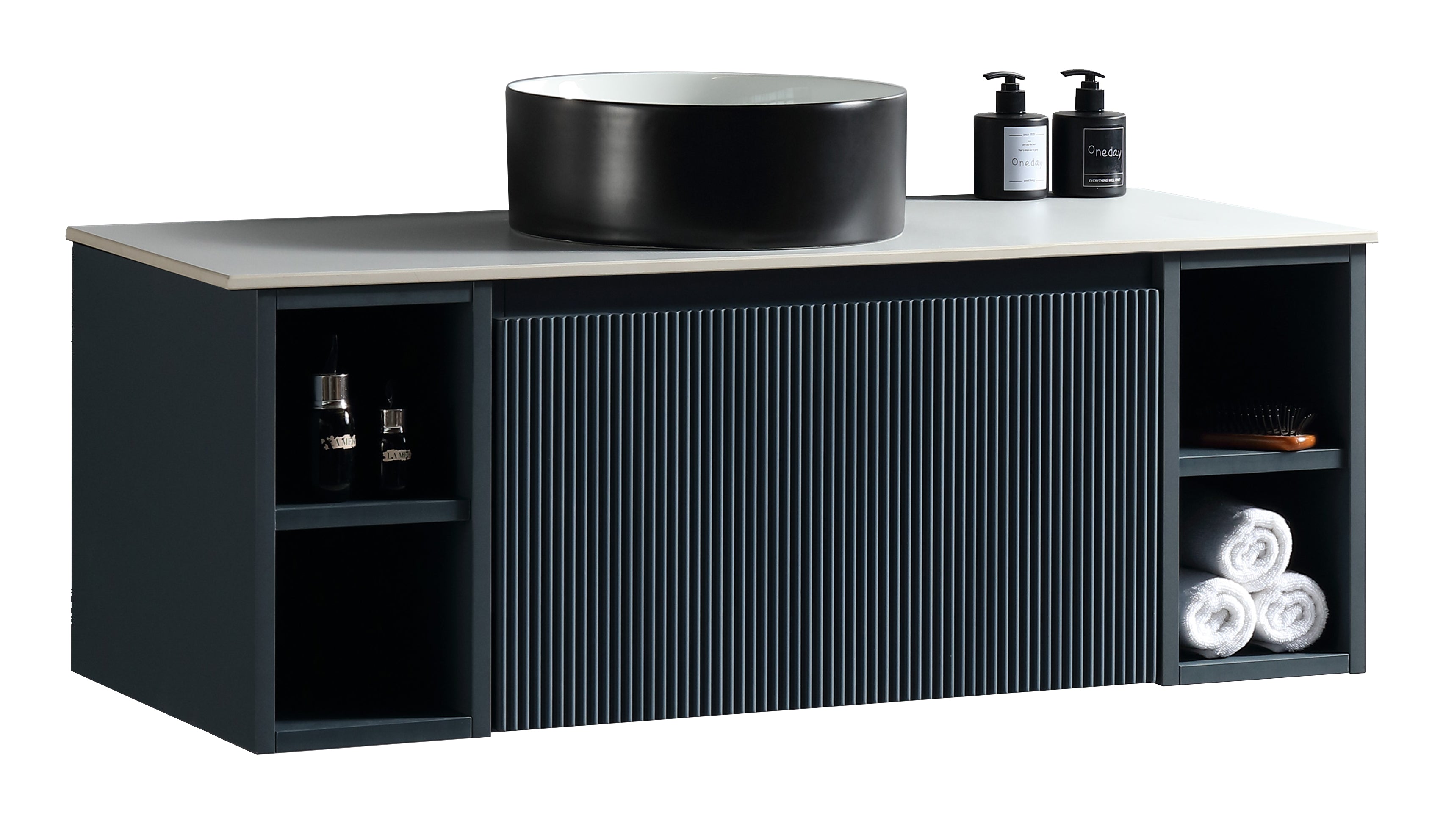 Flauto 1000mm Wall Hung Vanity w. 2 Side Storage & Sintered Stone Counter Top - Midnight Shadow