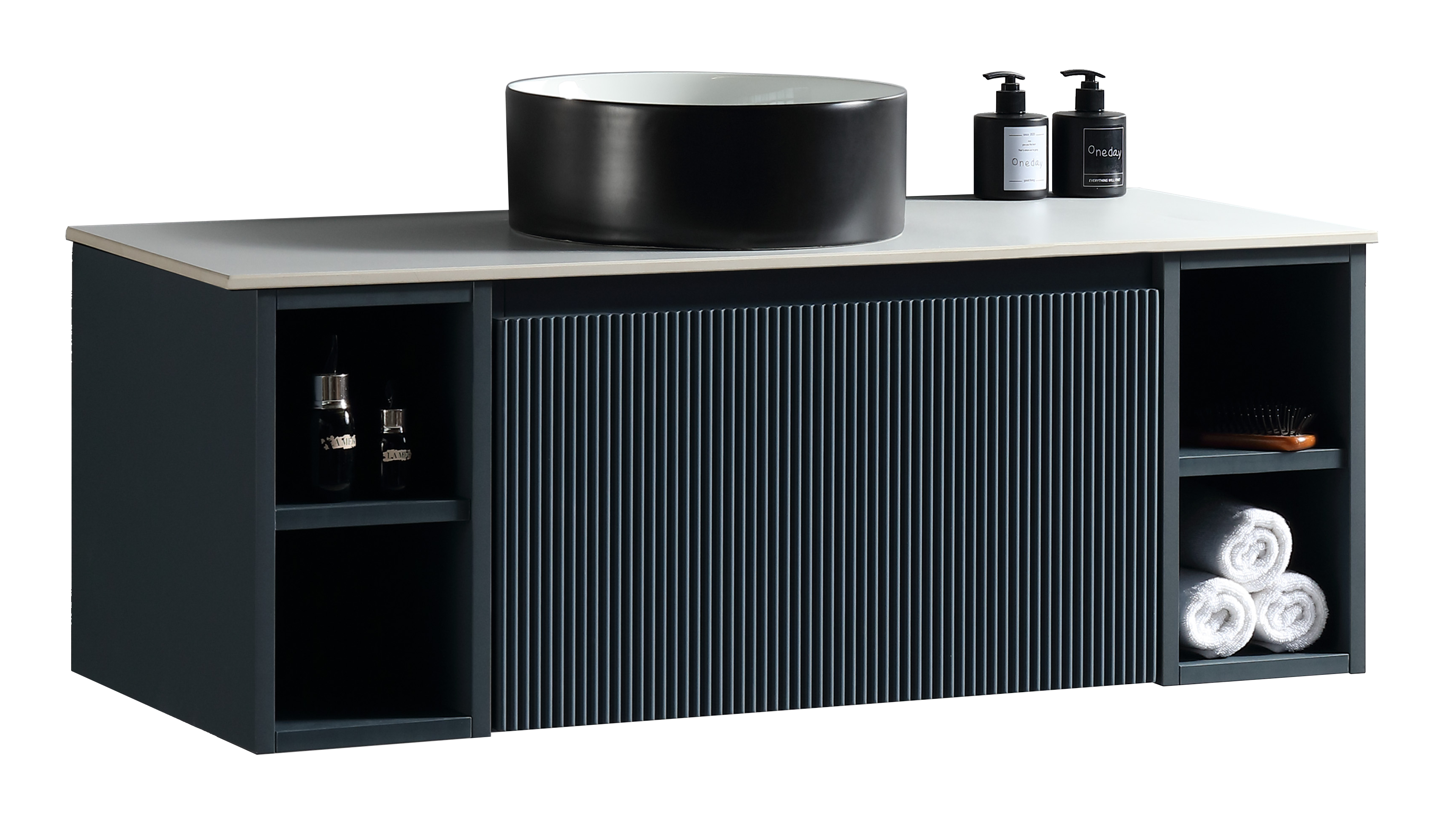 Flauto 1000mm Wall Hung Vanity w. 2 Side Storage & Sintered Stone Counter Top - Midnight Shadow