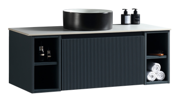 Flauto 1000mm Wall Hung Vanity w. 2 Side Storage & Sintered Stone Counter Top - Midnight Shadow