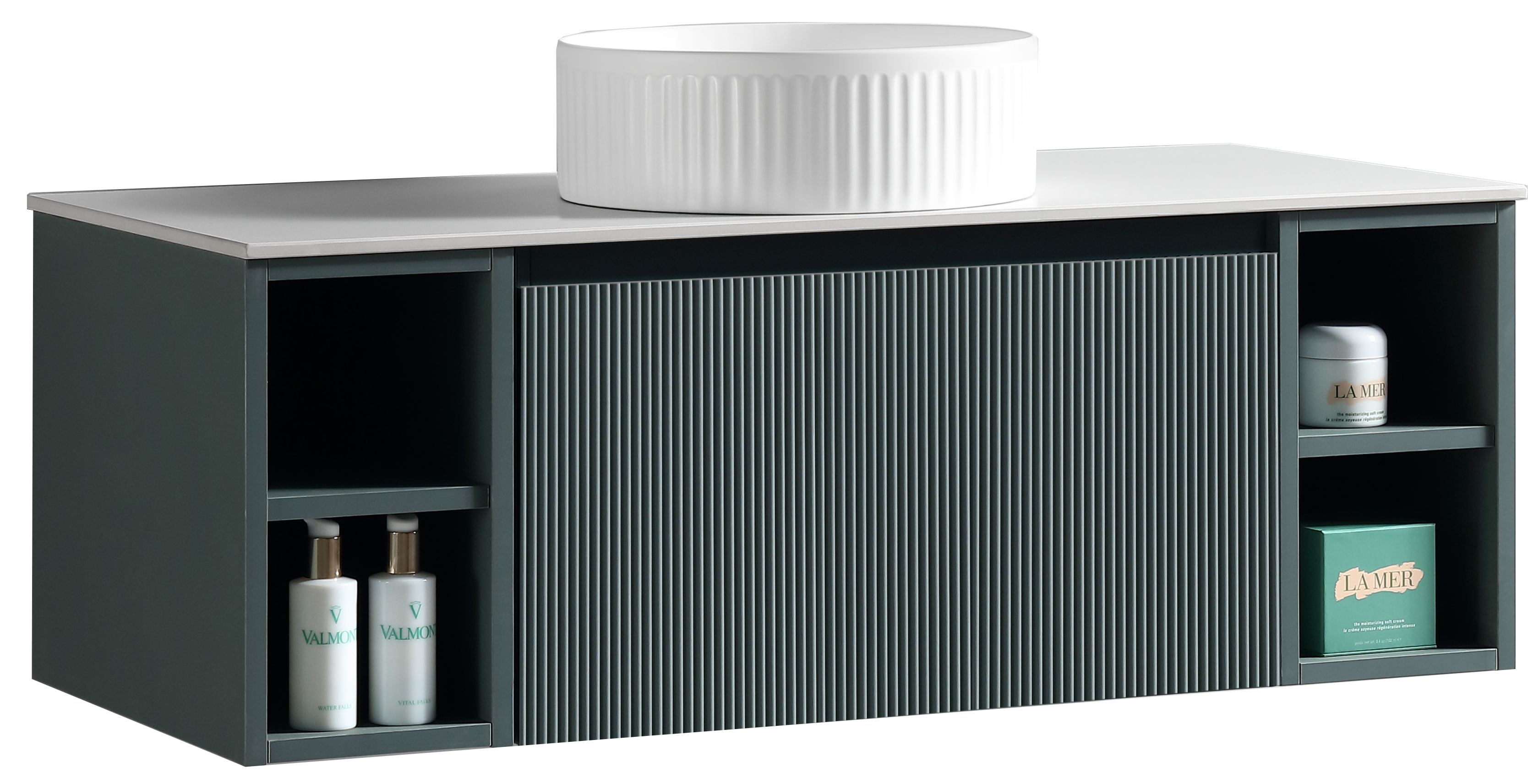 Flauto 1000mm Wall Hung Vanity w. 2 Side Storage & Sintered Stone Counter Top - Smoked Sage