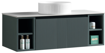 Flauto 1000mm Wall Hung Vanity w. 2 Side Storage & Sintered Stone Counter Top - Smoked Sage