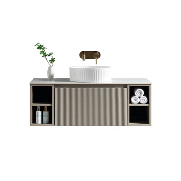 Flauto 1000mm Wall Hung Vanity w. 2 Side Storage & Sintered Stone Counter Top - Soft Coffee