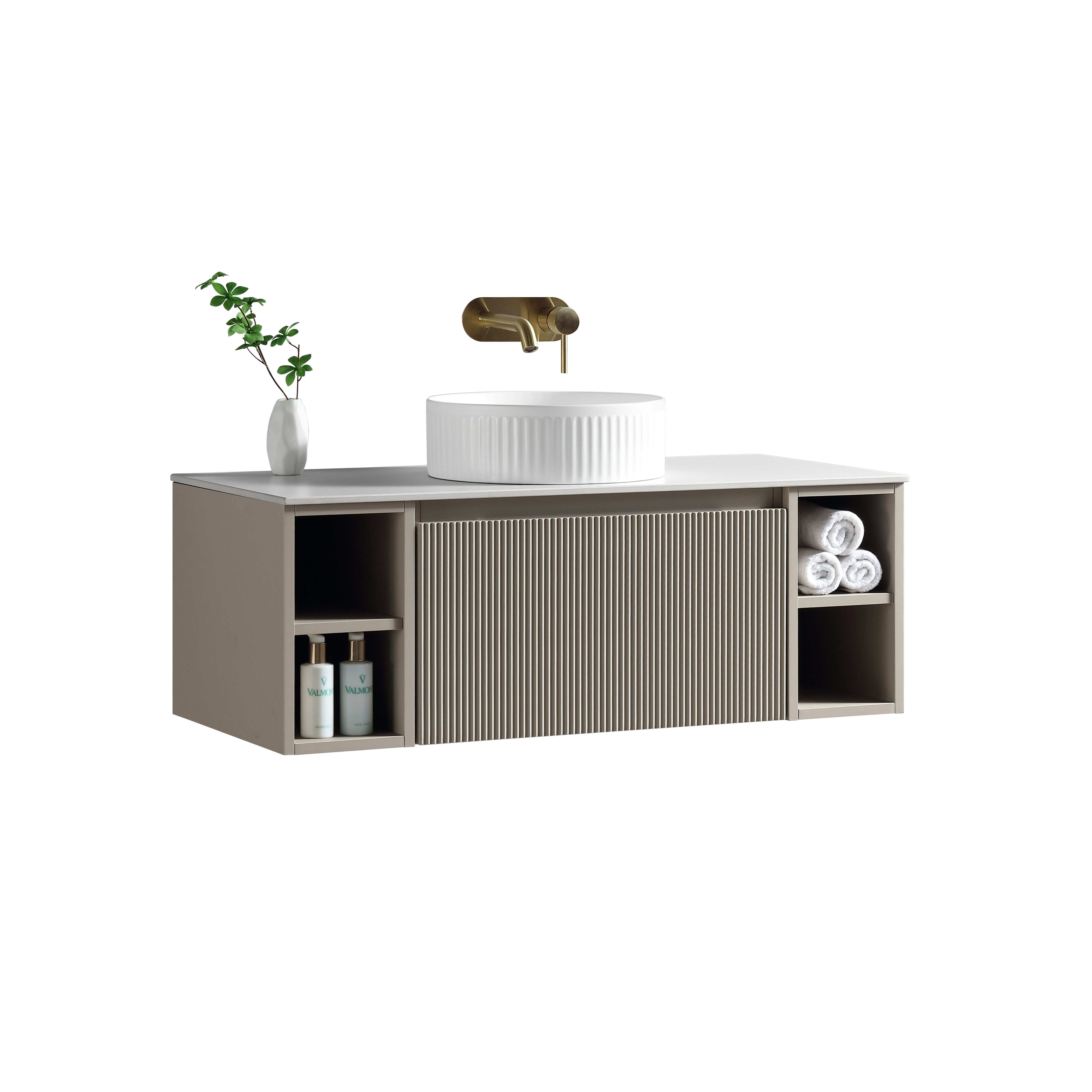 Flauto 1000mm Wall Hung Vanity w. 2 Side Storage & Sintered Stone Counter Top - Soft Coffee