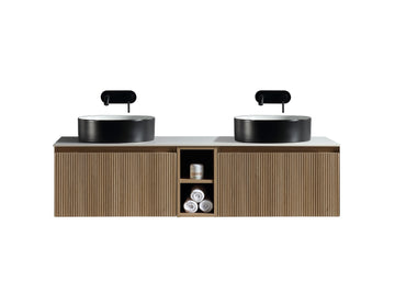 Flauto 1400mm Wall Hung Double Vanity w. Side Storage Sintered Stone Counter Top - Country Oak