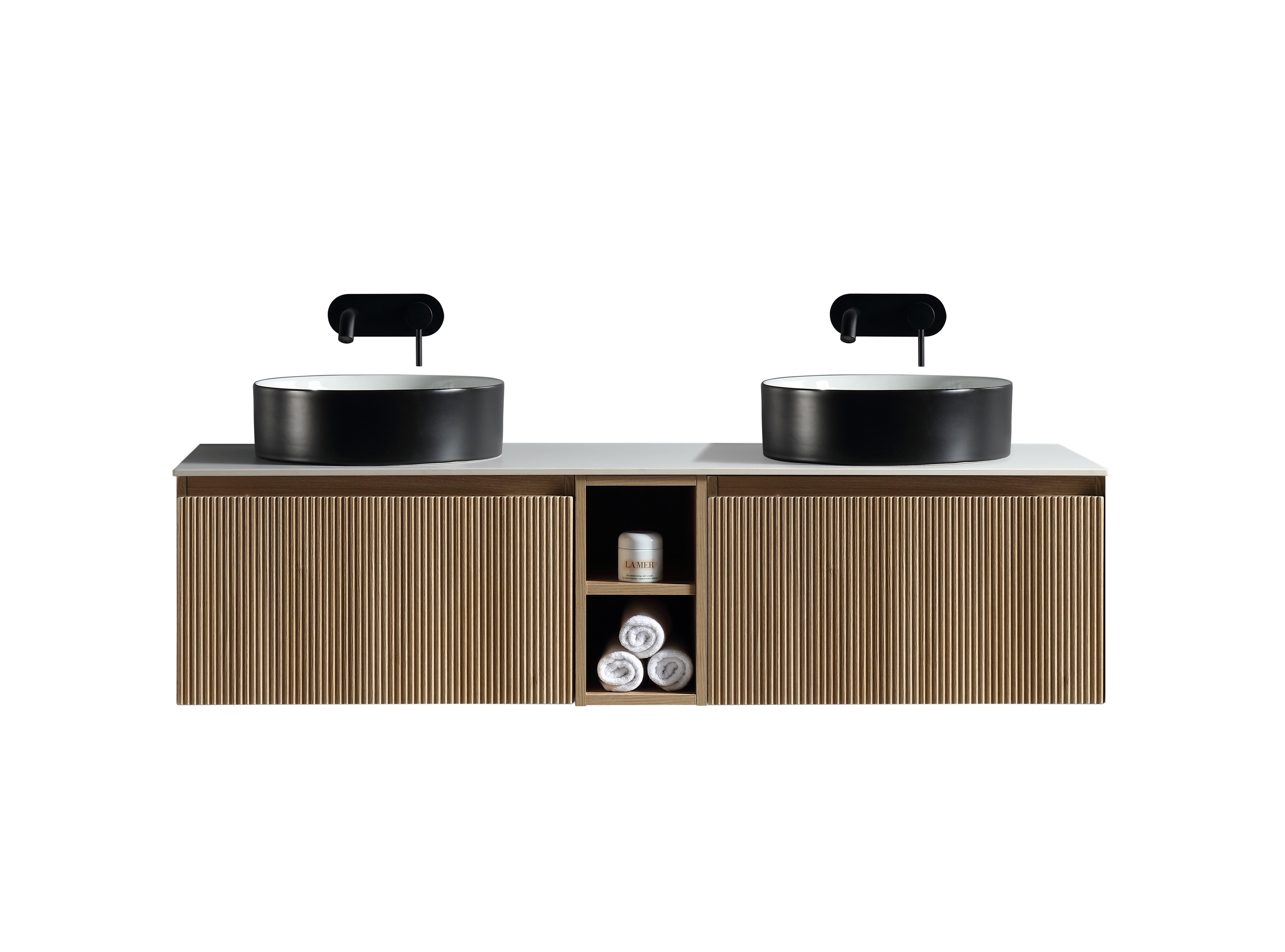 Flauto 1400mm Wall Hung Double Vanity w. Side Storage Sintered Stone Counter Top - Country Oak