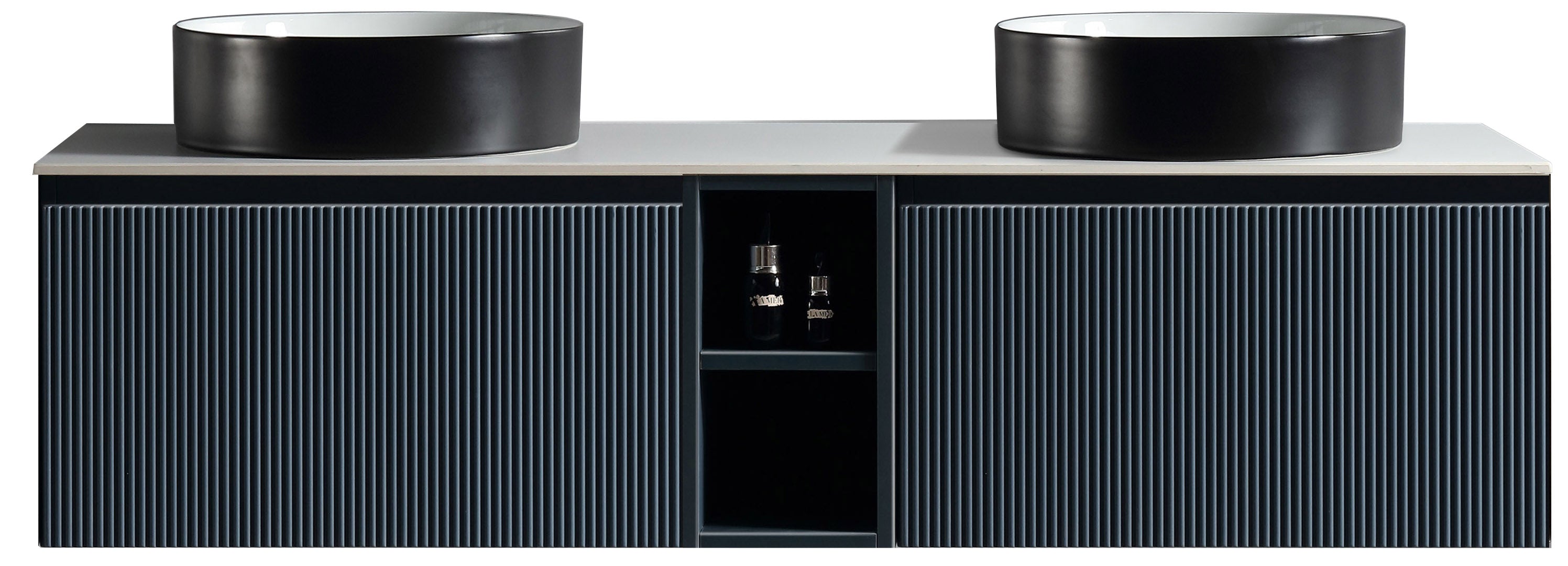 Flauto 1400mm Wall Hung Double Vanity w. Side Storage Sintered Stone Counter Top - Midnight Shadow