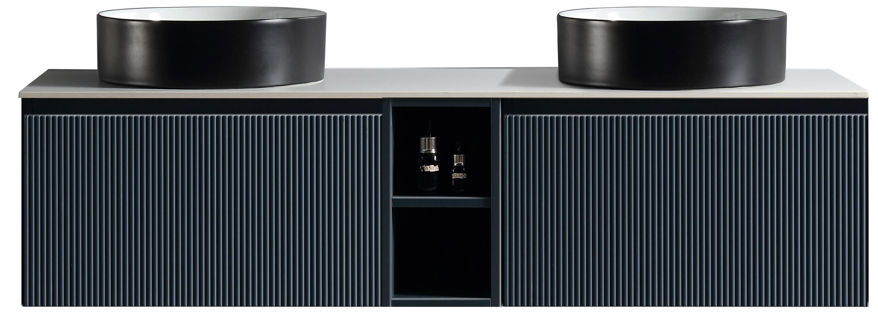 Flauto 1400mm Wall Hung Double Vanity w. Side Storage Sintered Stone Counter Top - Midnight Shadow