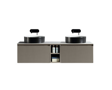 Flauto 1400mm Wall Hung Double Vanity w. Side Storage Sintered Stone Counter Top - Soft Coffee