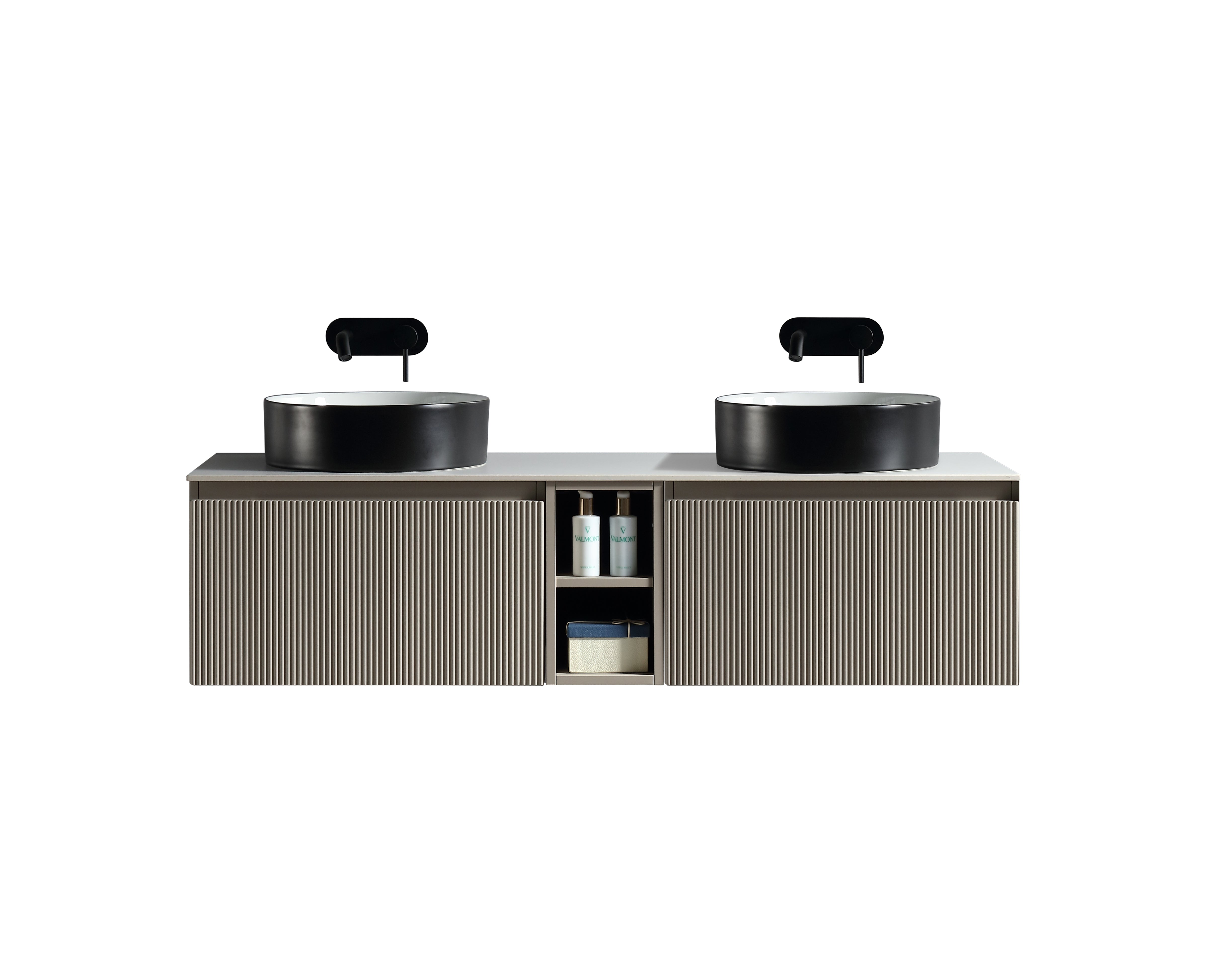 Flauto 1400mm Wall Hung Double Vanity w. Side Storage Sintered Stone Counter Top - Soft Coffee