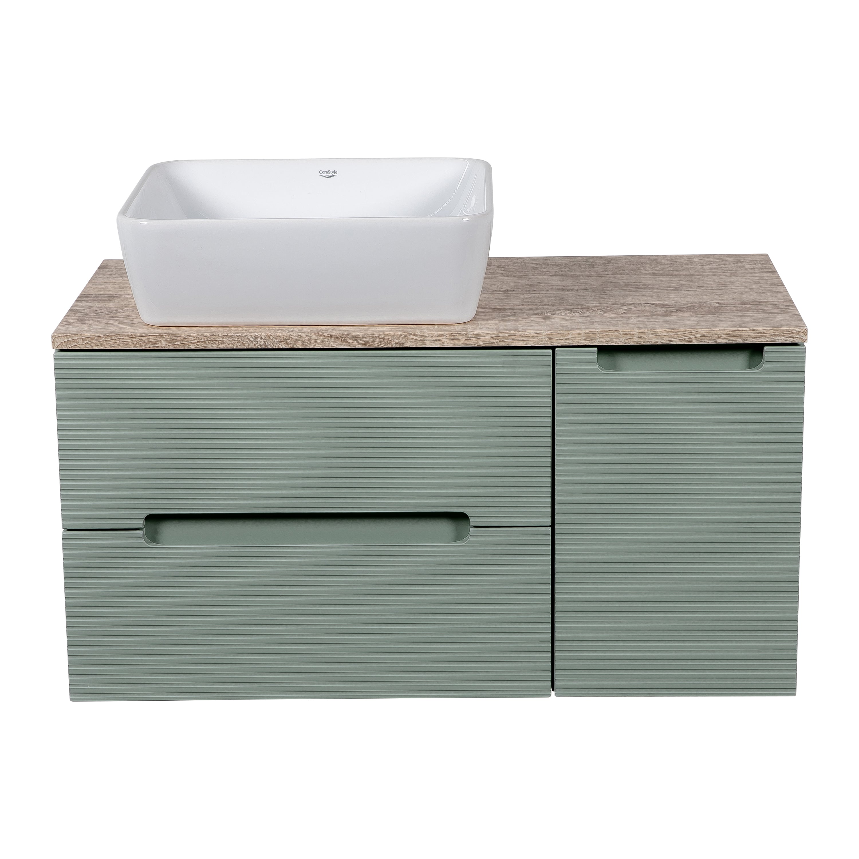 Monza Plus 900mm Fluted Wall Hung Vanity w. Side Cabinet & Counter Top - Aloe Green/Country Oak