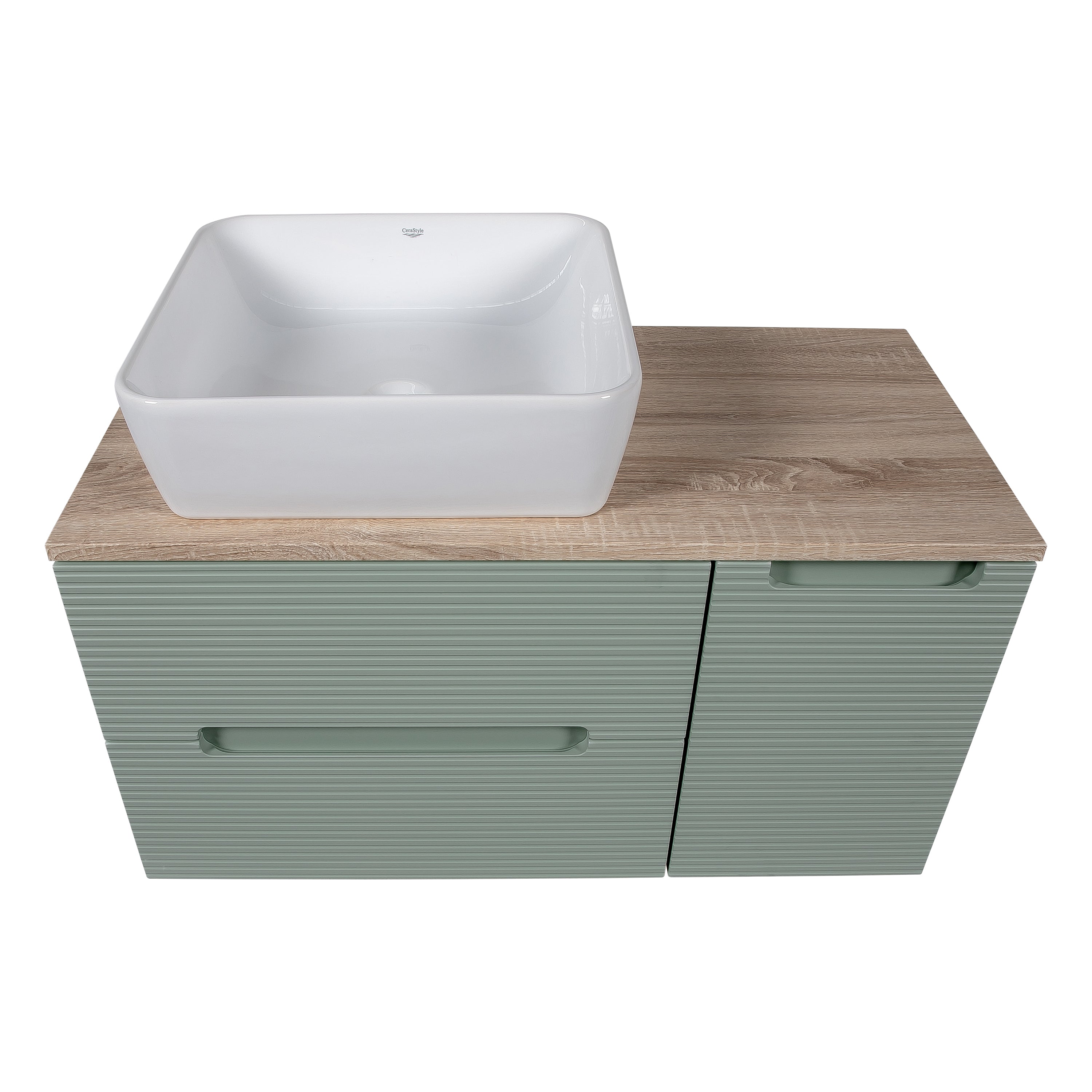Monza Plus 900mm Fluted Wall Hung Vanity w. Side Cabinet & Counter Top - Aloe Green/Country Oak