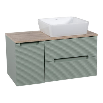 Monza Plus 900mm Fluted Wall Hung Vanity w. Side Cabinet & Counter Top - Aloe Green/Country Oak