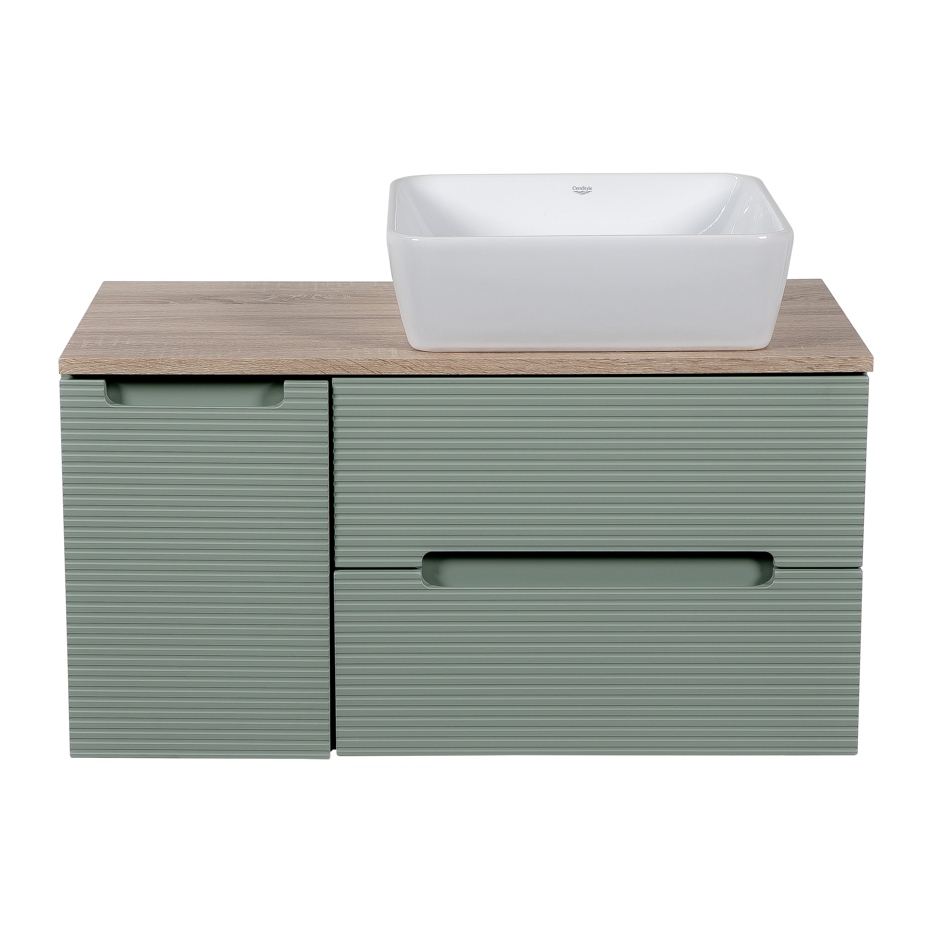 Monza Plus 900mm Fluted Wall Hung Vanity w. Side Cabinet & Counter Top - Aloe Green/Country Oak