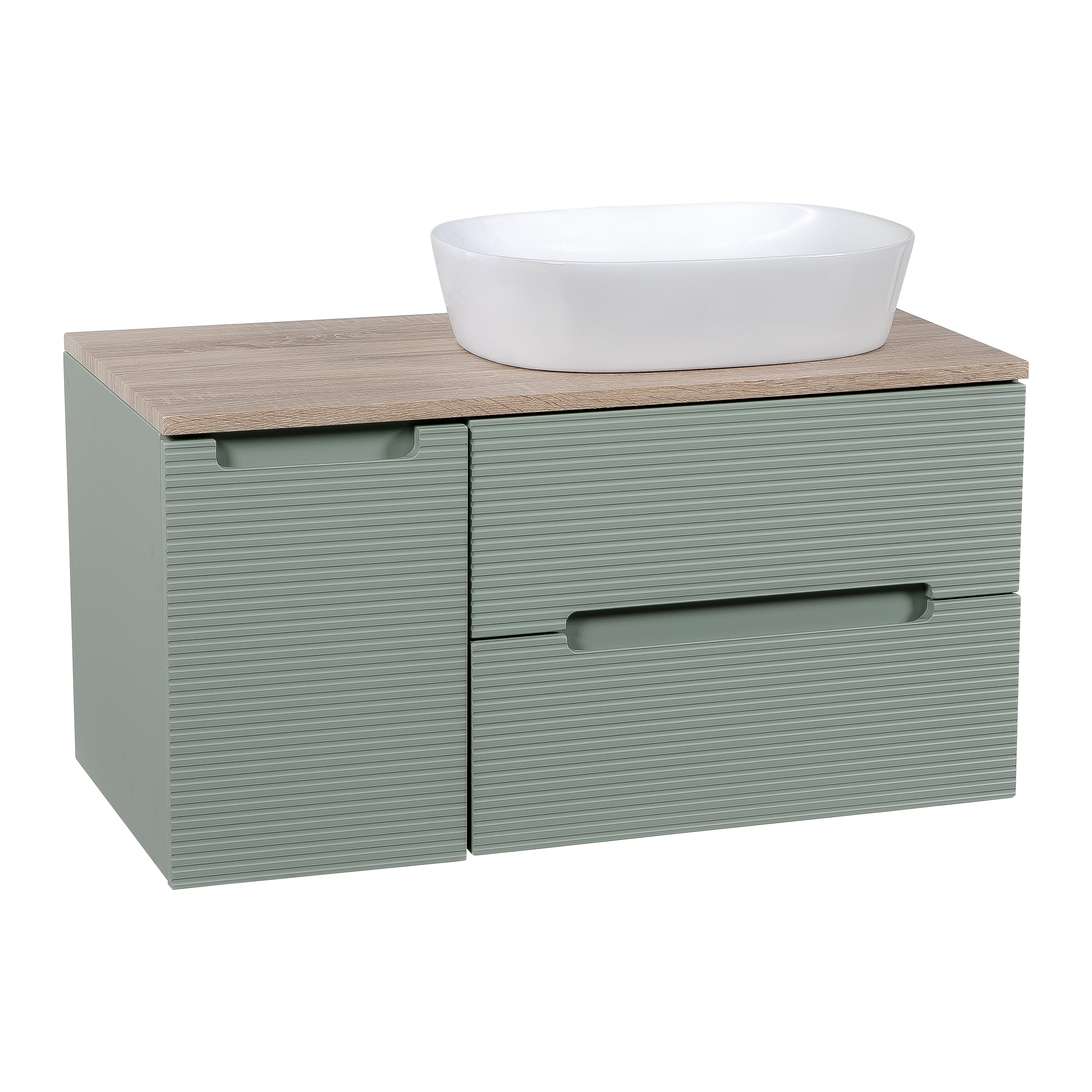 Monza Plus 900mm Fluted Wall Hung Vanity w. Side Cabinet & Counter Top - Aloe Green/Country Oak