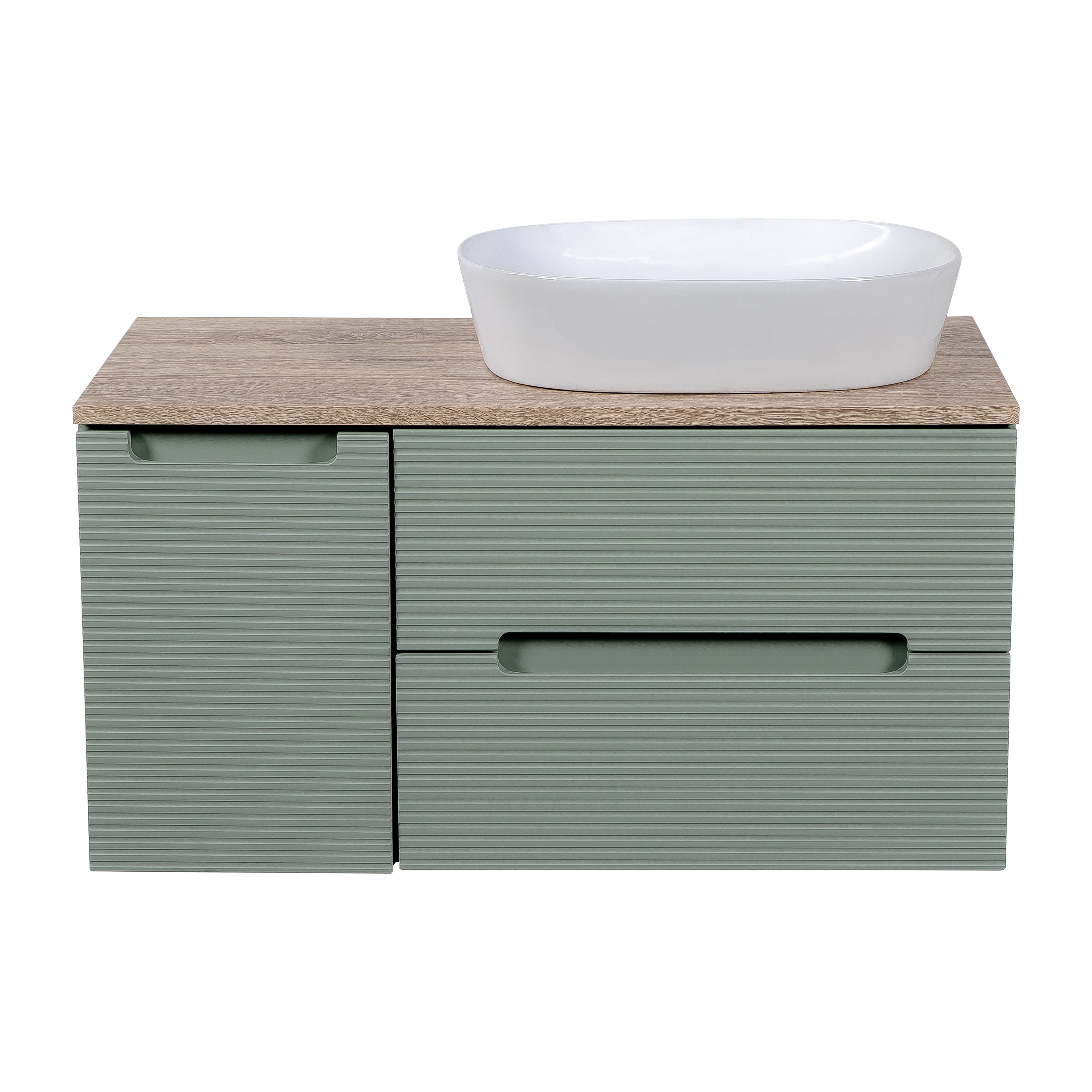 Monza Plus 900mm Fluted Wall Hung Vanity w. Side Cabinet & Counter Top - Aloe Green/Country Oak