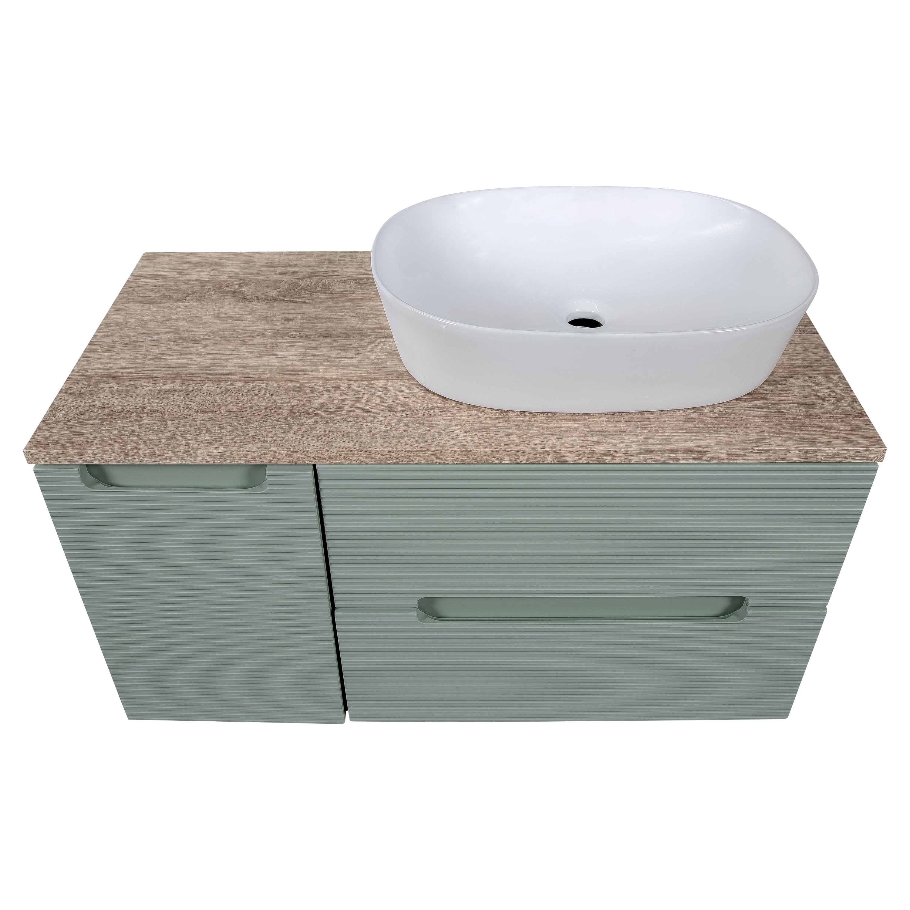Monza Plus 900mm Fluted Wall Hung Vanity w. Side Cabinet & Counter Top - Aloe Green/Country Oak