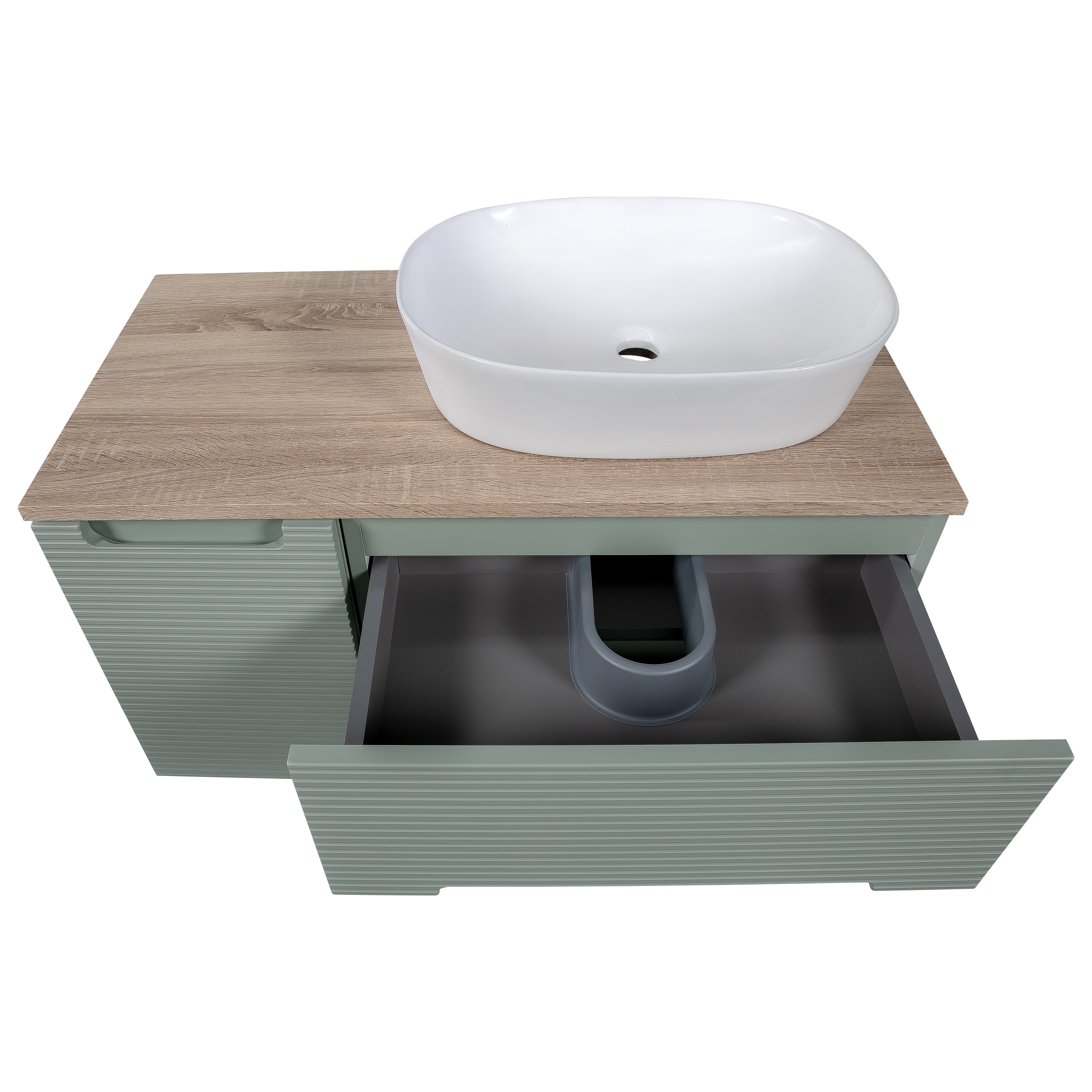 Monza Plus 900mm Fluted Wall Hung Vanity w. Side Cabinet & Counter Top - Aloe Green/Country Oak