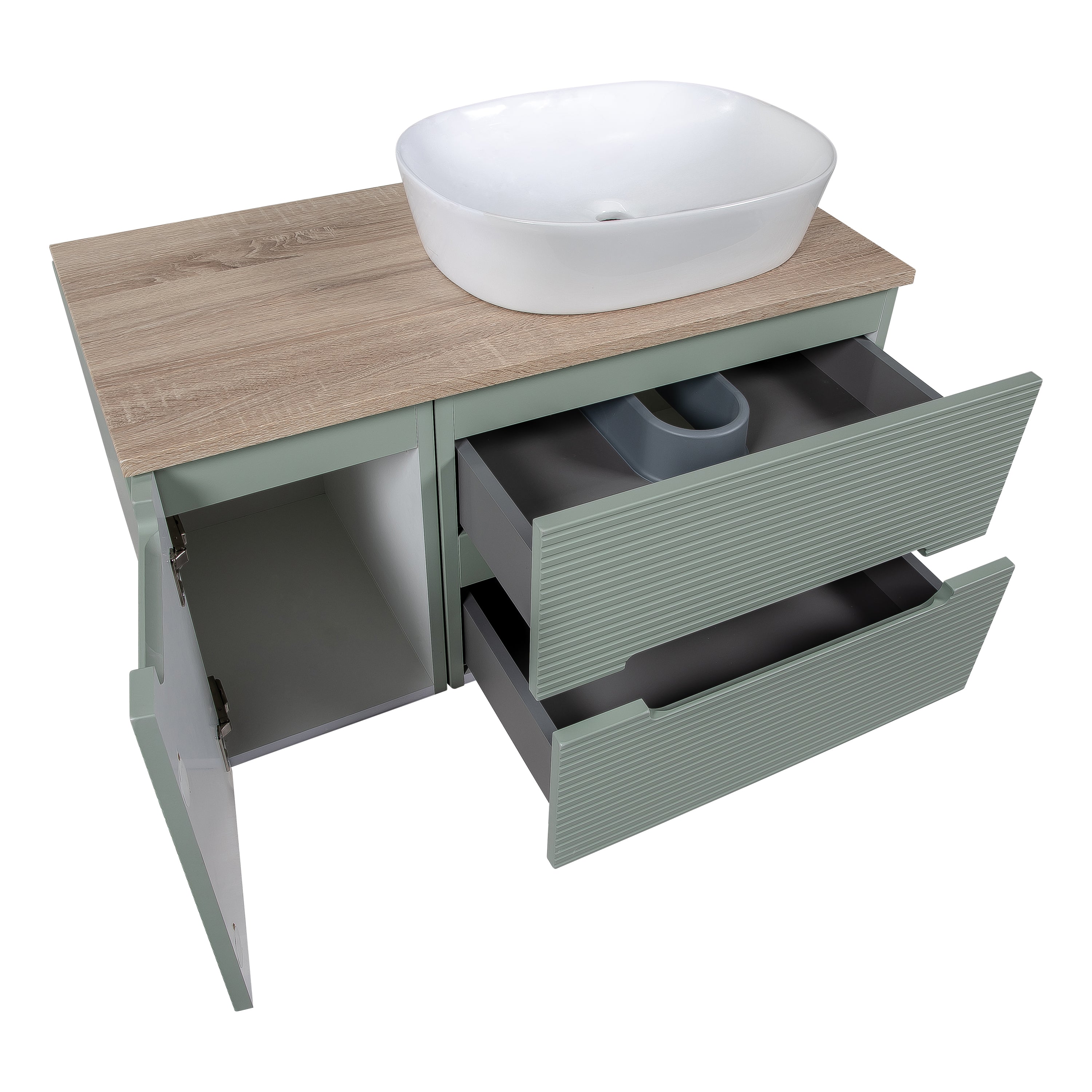 Monza Plus 900mm Fluted Wall Hung Vanity w. Side Cabinet & Counter Top - Aloe Green/Country Oak