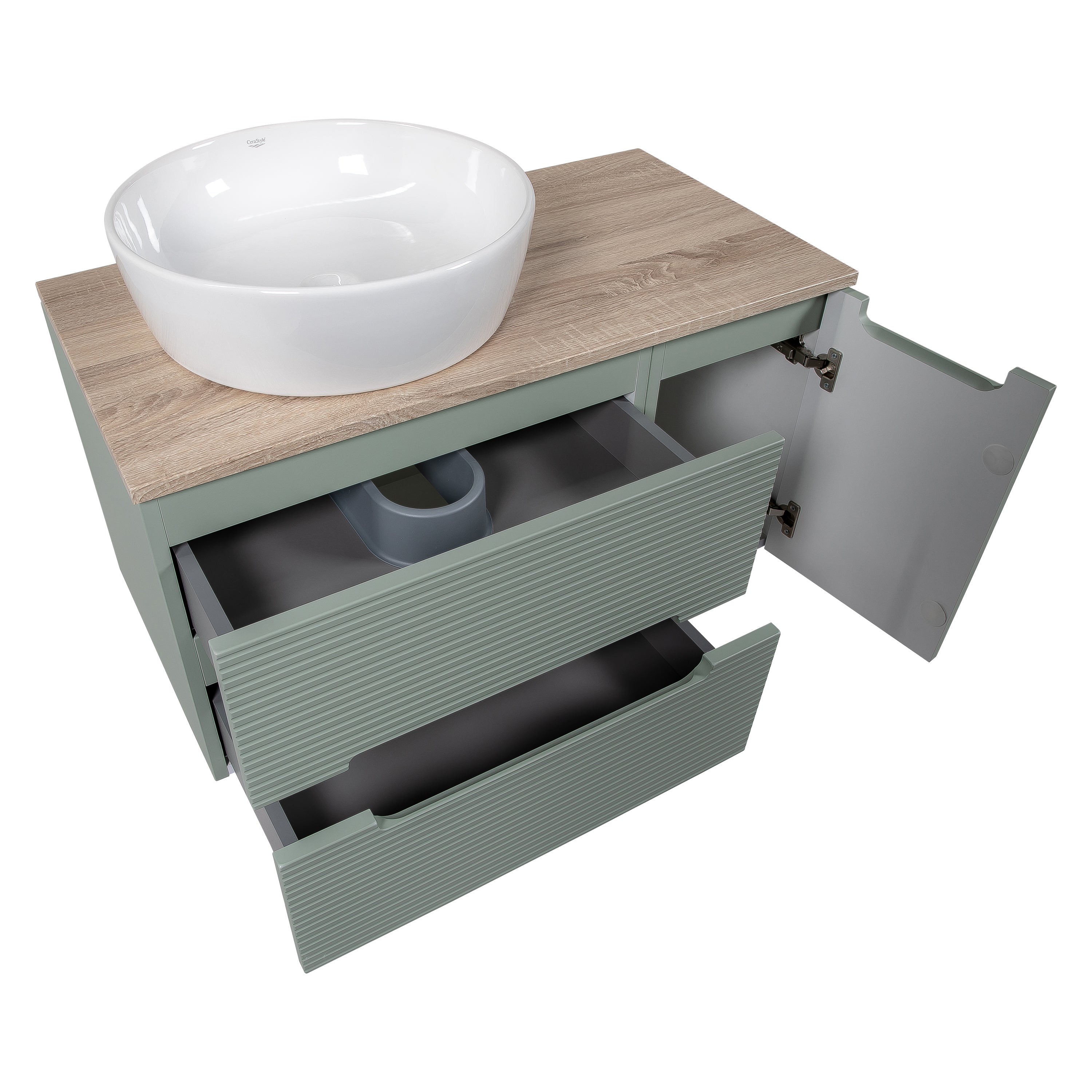 Monza Plus 900mm Fluted Wall Hung Vanity w. Side Cabinet & Counter Top - Aloe Green/Country Oak
