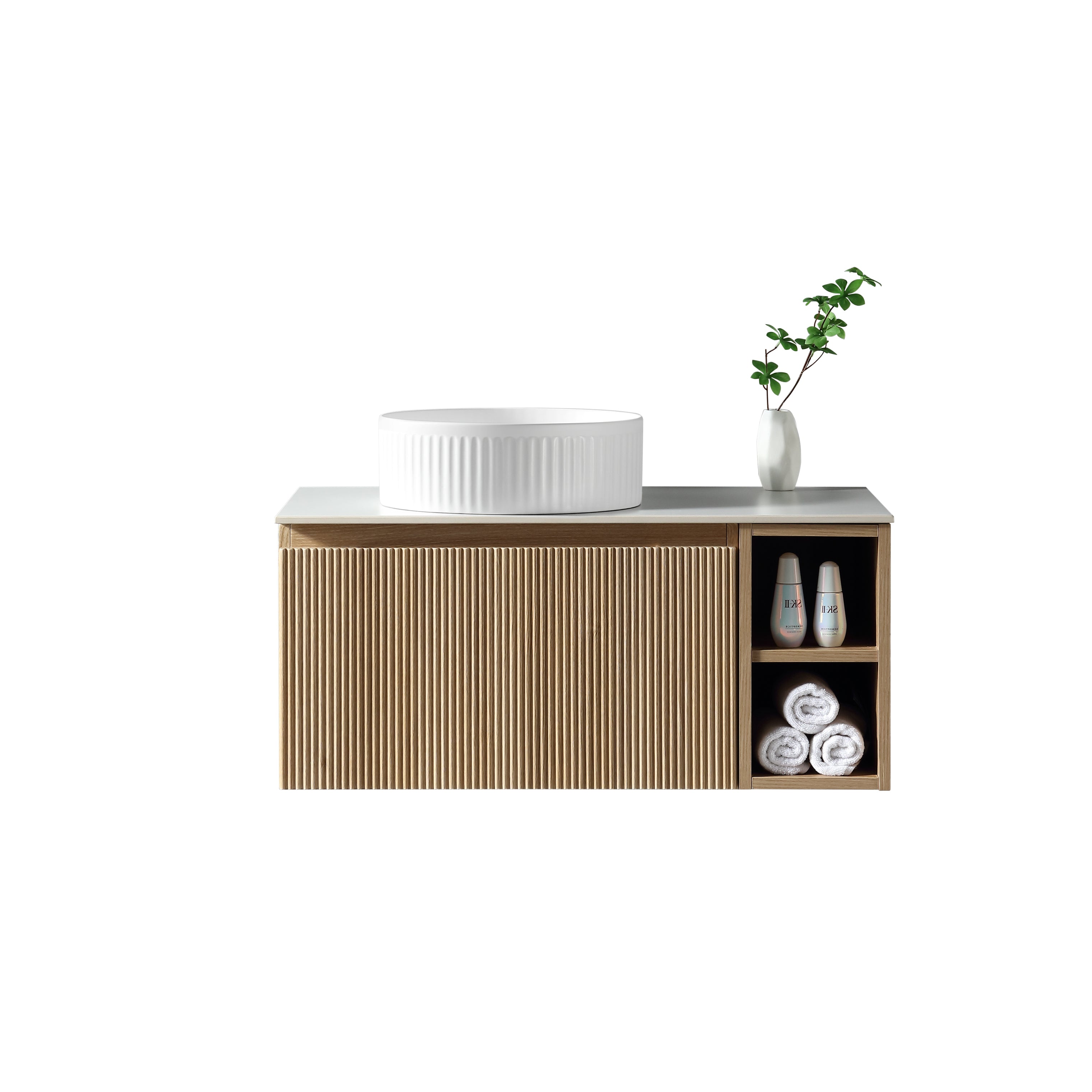 Flauto 800mm Wall Hung Vanity w. Side Storage & Left Hand Sintered Stone Counter Top - Country Oak