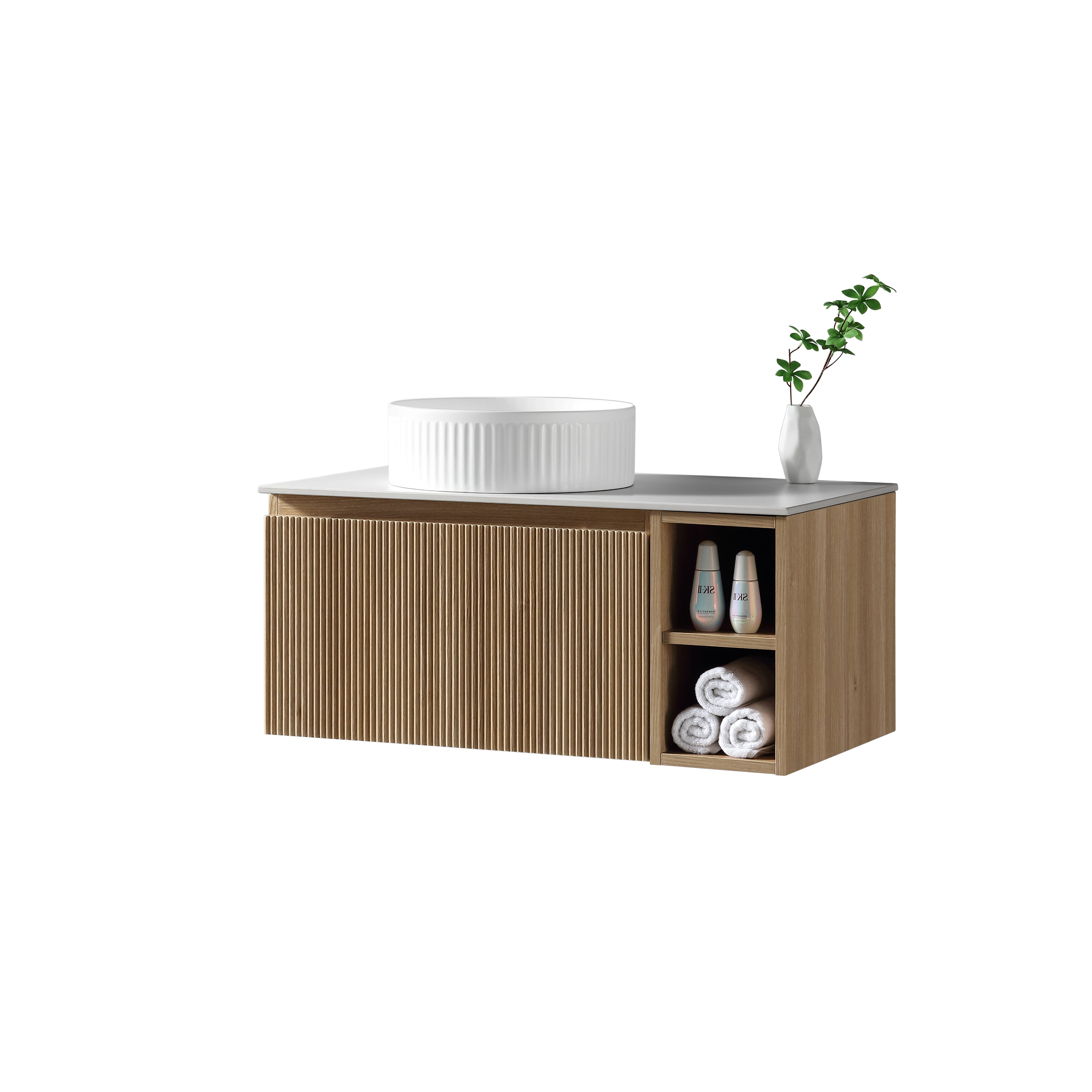 Flauto 800mm Wall Hung Vanity w. Side Storage & Left Hand Sintered Stone Counter Top - Country Oak