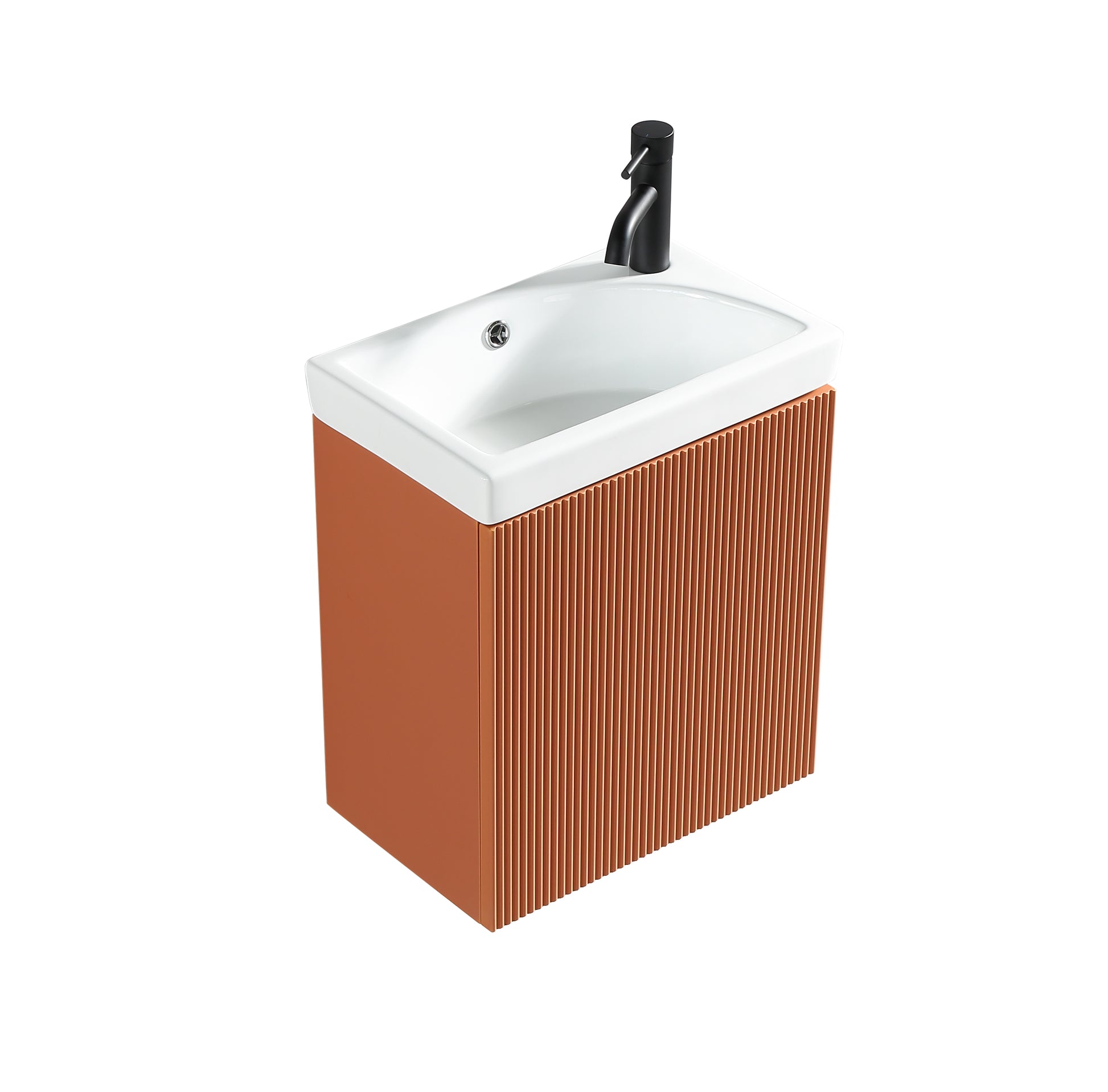 Mini orange cloakroom vanity with basin, 450mm Flauto Mini by Tuskan Tiles, featuring a bruciata orange finish and sleek design.