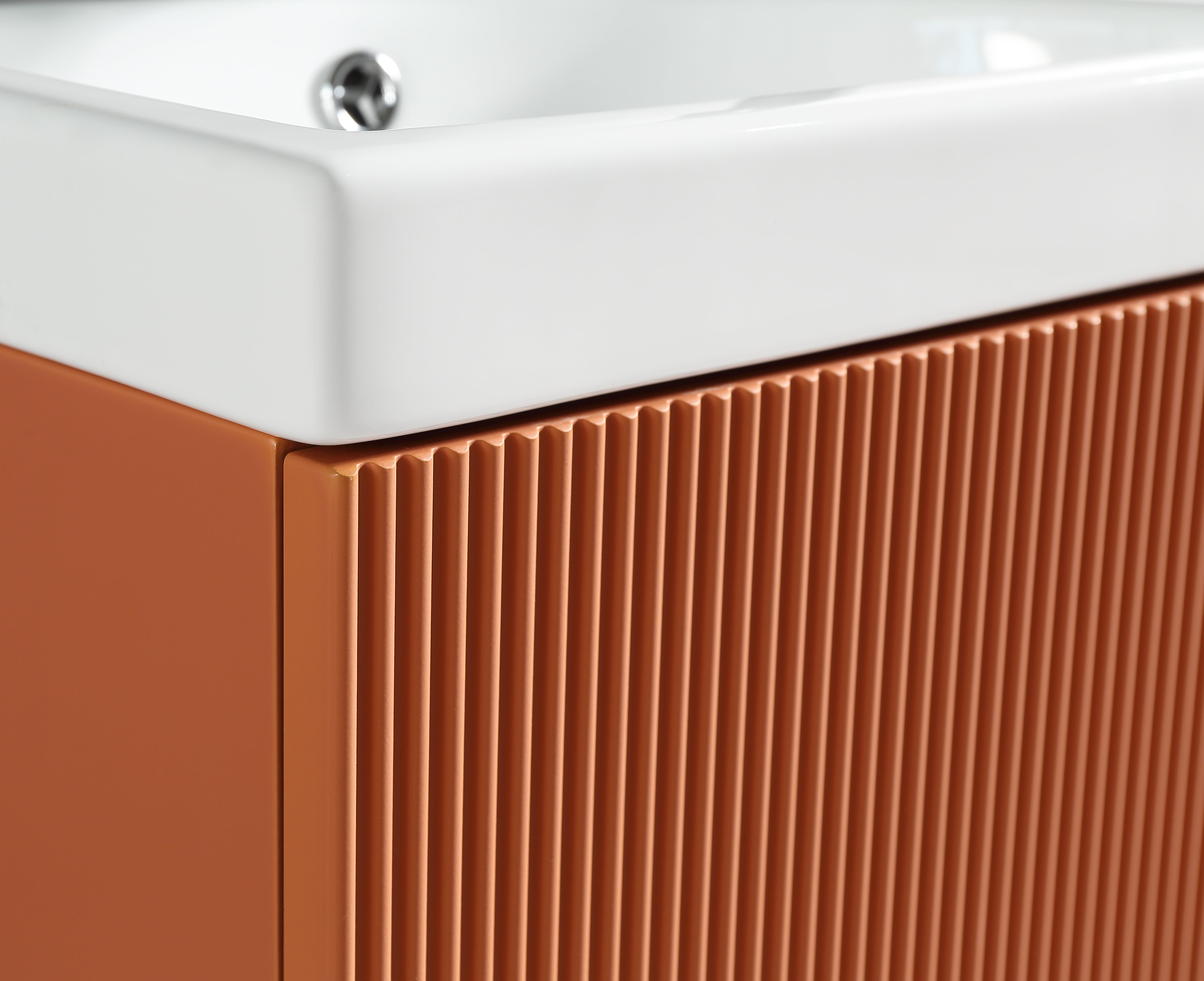 Mini orange cloakroom vanity and basin by Tuskan Tiles, featuring a 450mm Flauto Mini with sleek cloaked design.