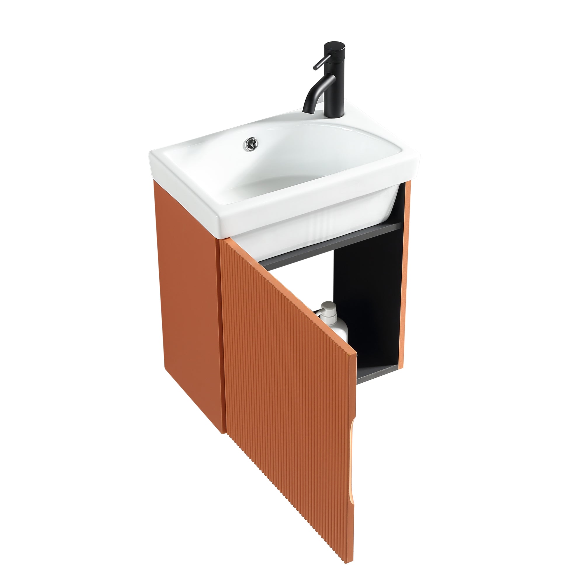 Tuskan Tiles Flauto Mini 450mm orange cloakroom vanity with basin, featuring sleek design and modern orange finish.